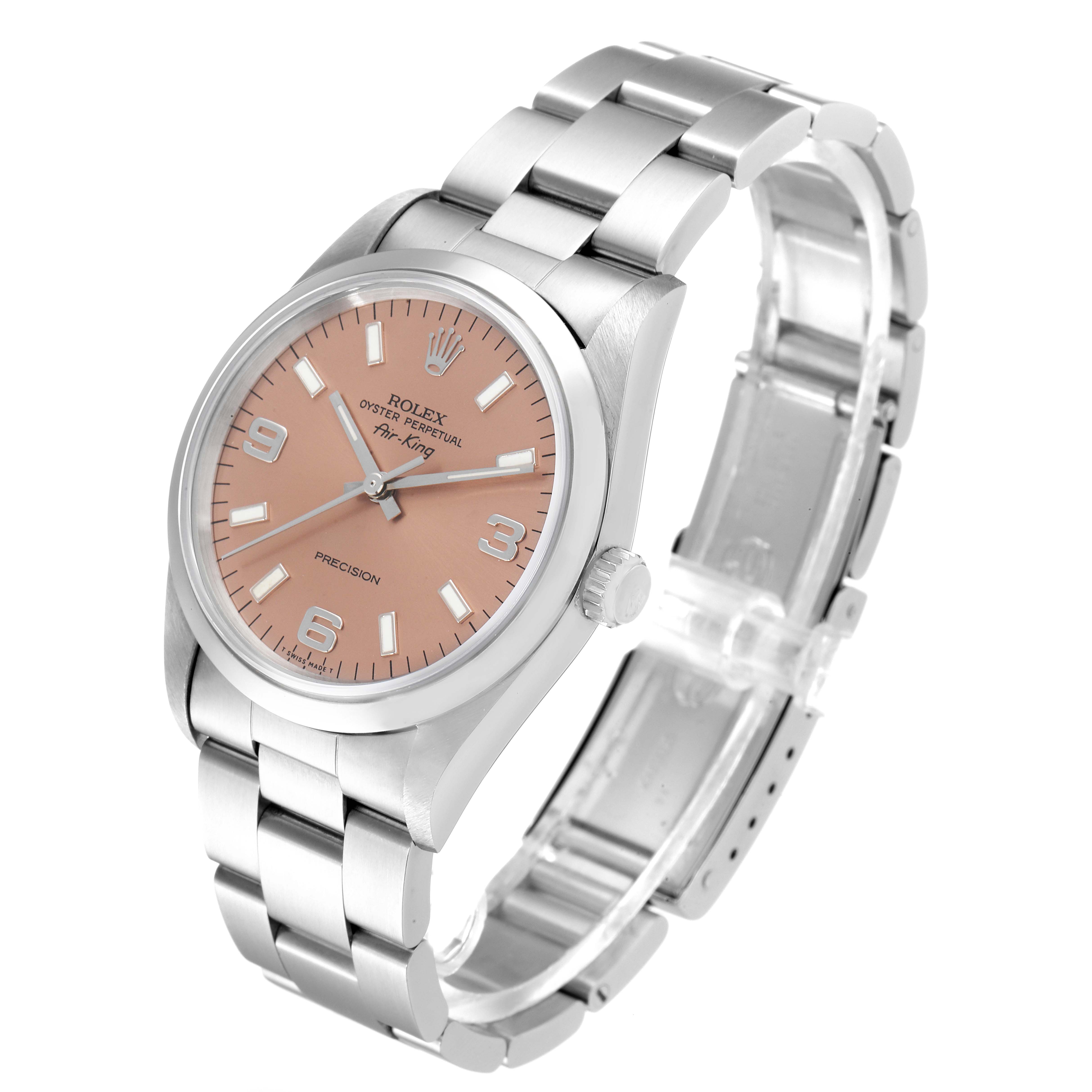 This image shows a Rolex Air-King 14000 Men's Stainless Steel Pink Dial 14000 Men's Stainless Steel Pink Dial watch from a three-quarter front angle, displaying the dial, bezel, and bracelet.