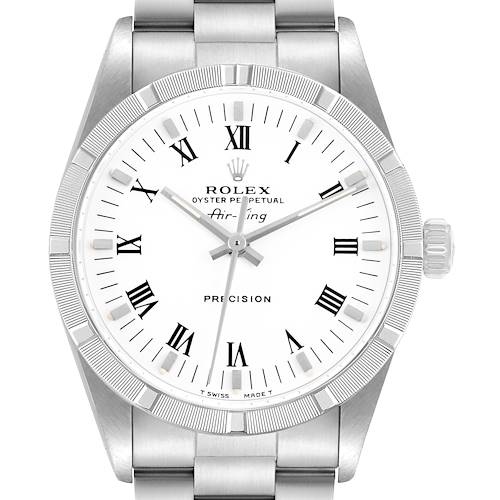 The Rolex Air-King 14010 Men's Stainless Steel White Dial watch is shown from the front, displaying the dial, hands, bezel, and part of the bracelet.