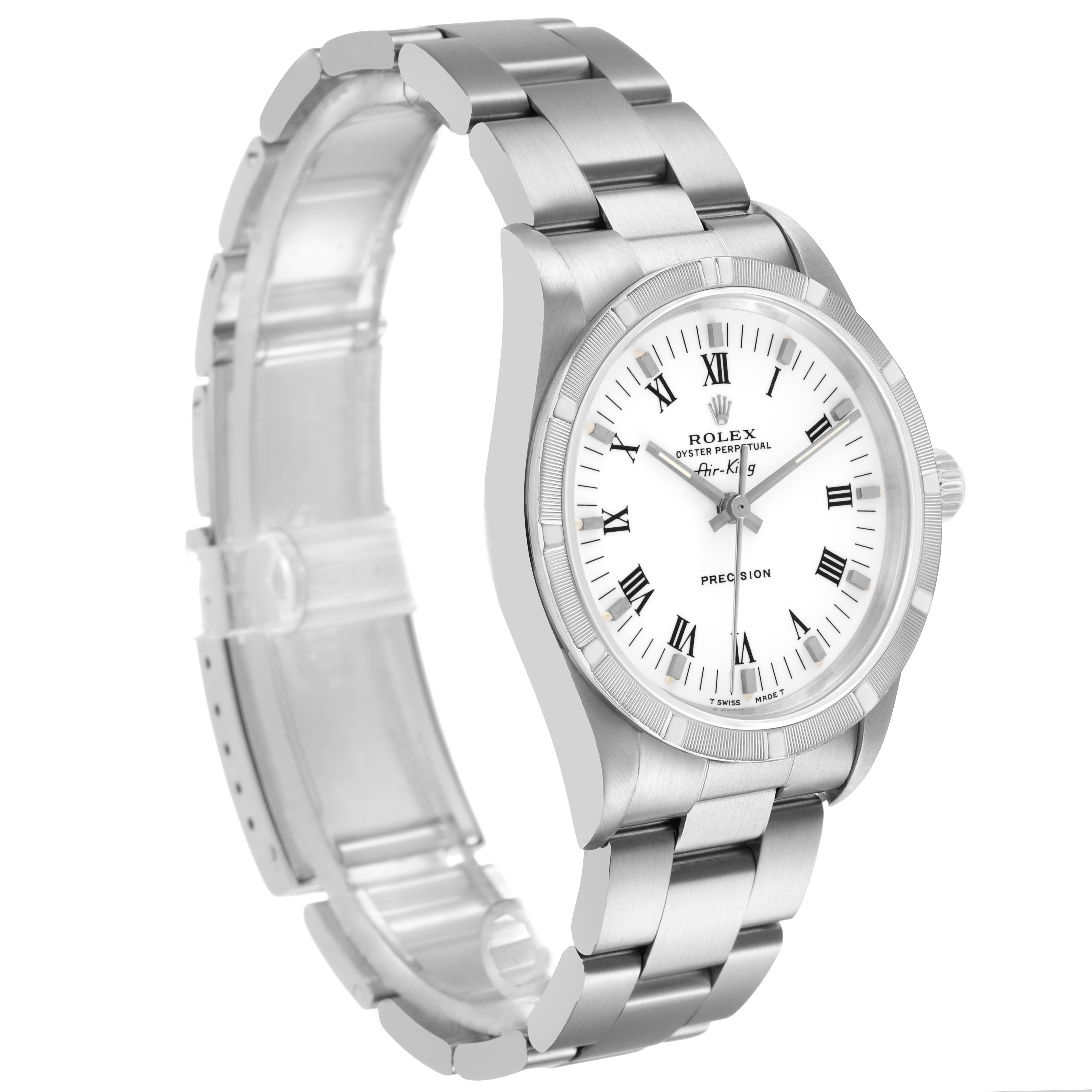 The image shows a Rolex Air-King 14010 Men's Stainless Steel White Dial watch at a three-quarter angle, highlighting the face, bezel, and bracelet.
