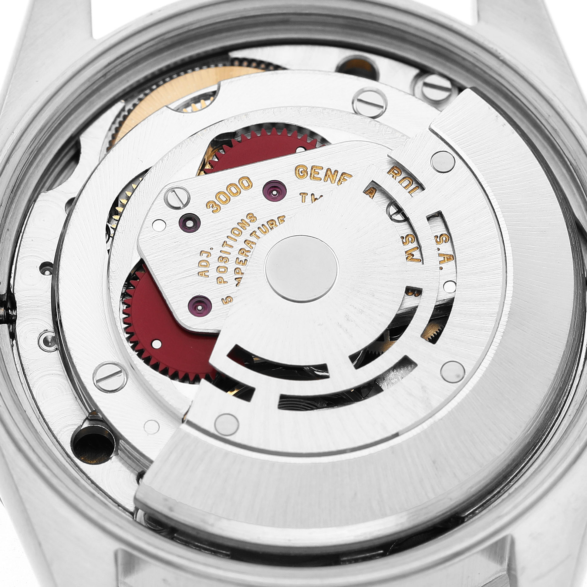 The image shows the movement of a Rolex Air-King 14010 Men's Stainless Steel White Dial watch, viewed from the back, highlighting its intricate mechanical parts.