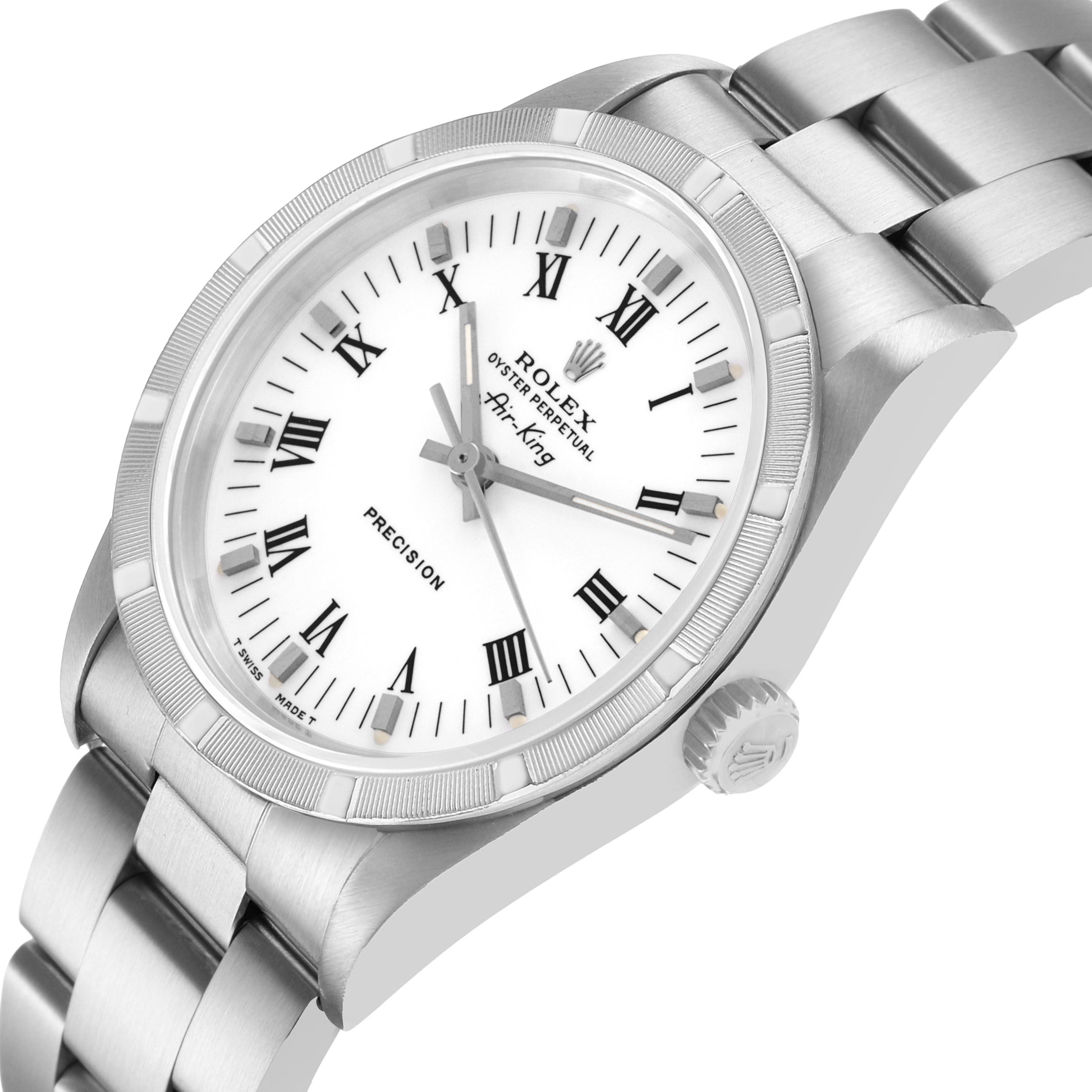 The Rolex Air-King 14010 Men's Stainless Steel White Dial watch is shown from a side angle displaying the face, bezel, crown, and bracelet.