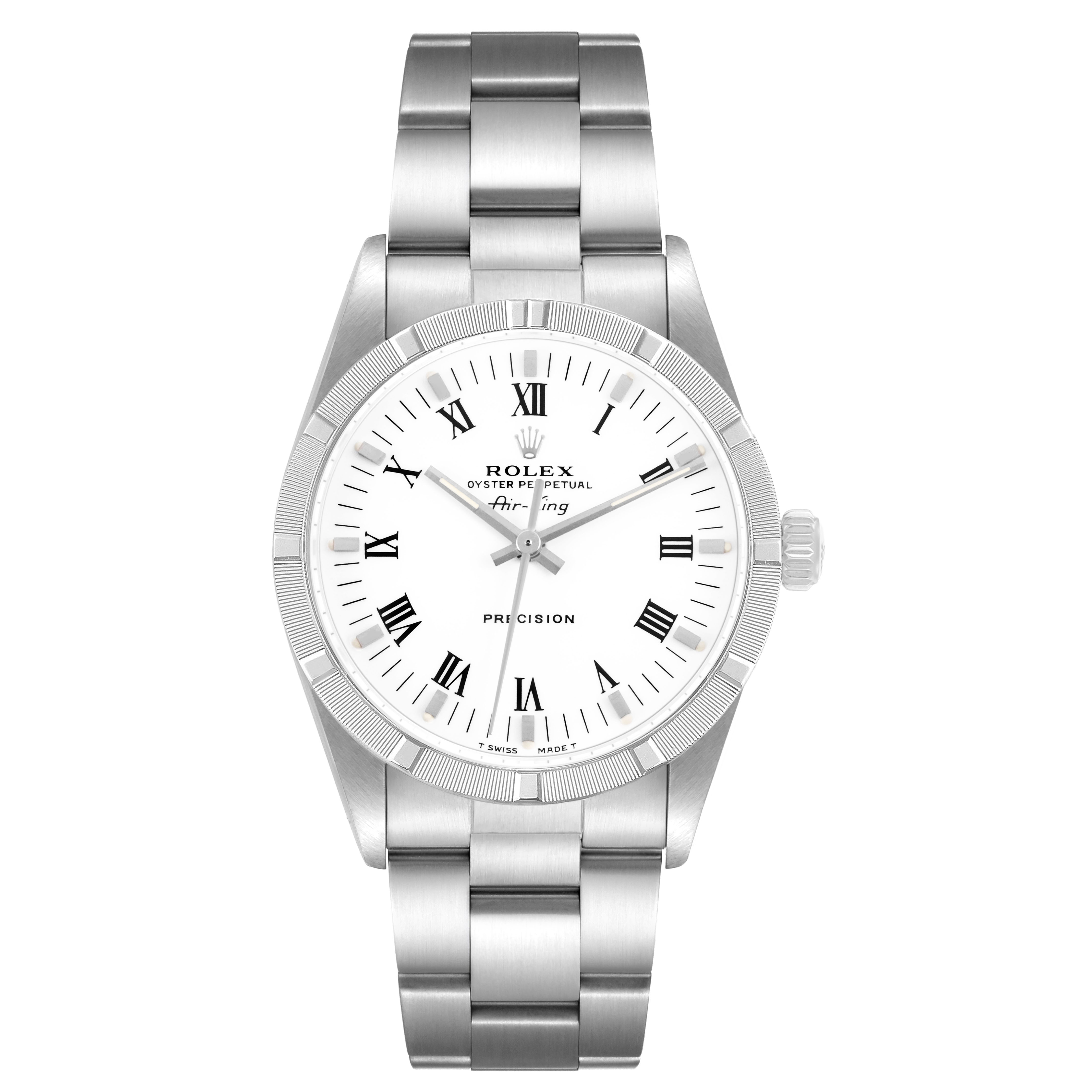 The Rolex Air-King 14010 Men's Stainless Steel White Dial watch is shown from a top-down angle, displaying the face, bezel, and bracelet.