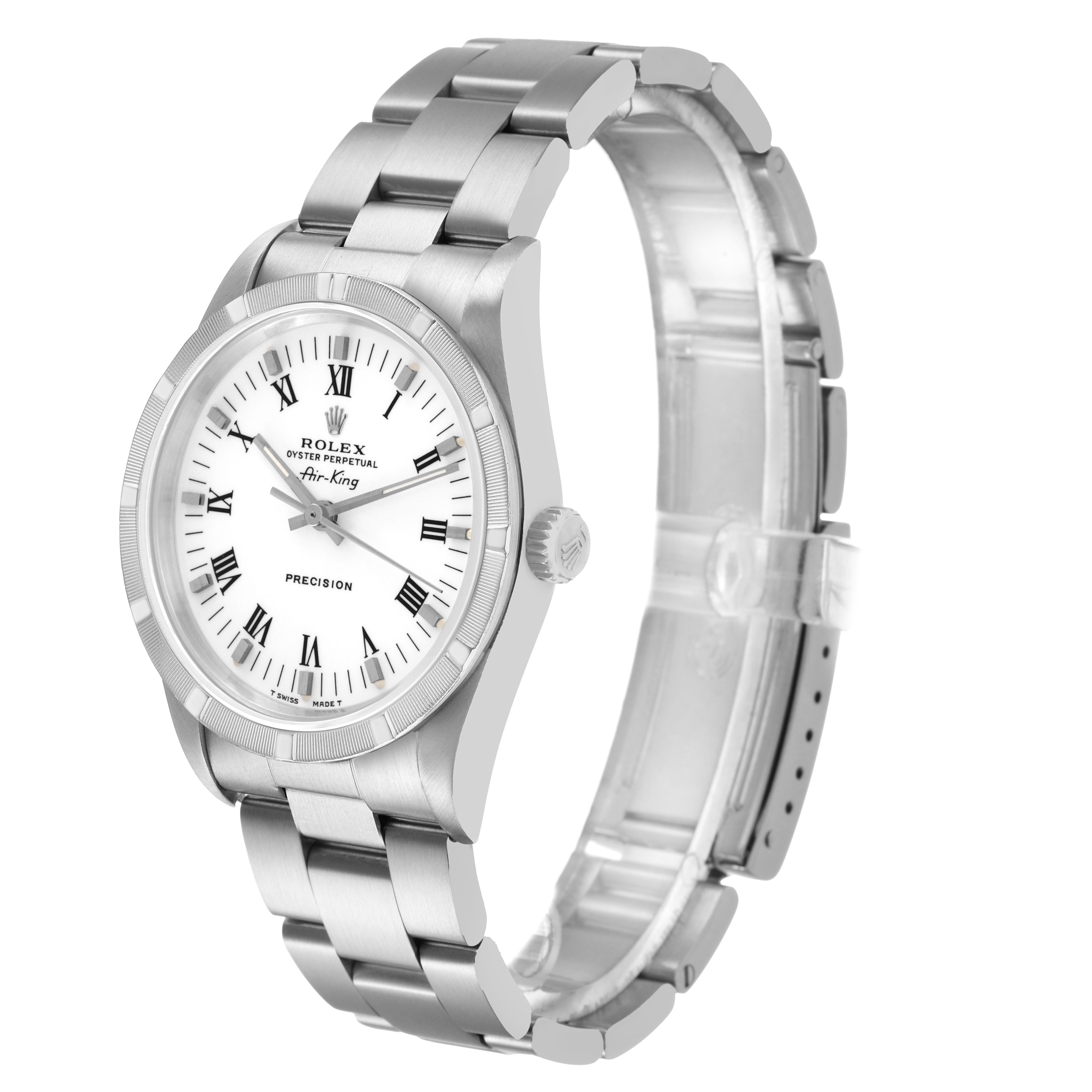 The Rolex Air-King 14010 Men's Stainless Steel White Dial is shown at a three-quarter angle, displaying its face, bezel, bracelet, and crown on the side.