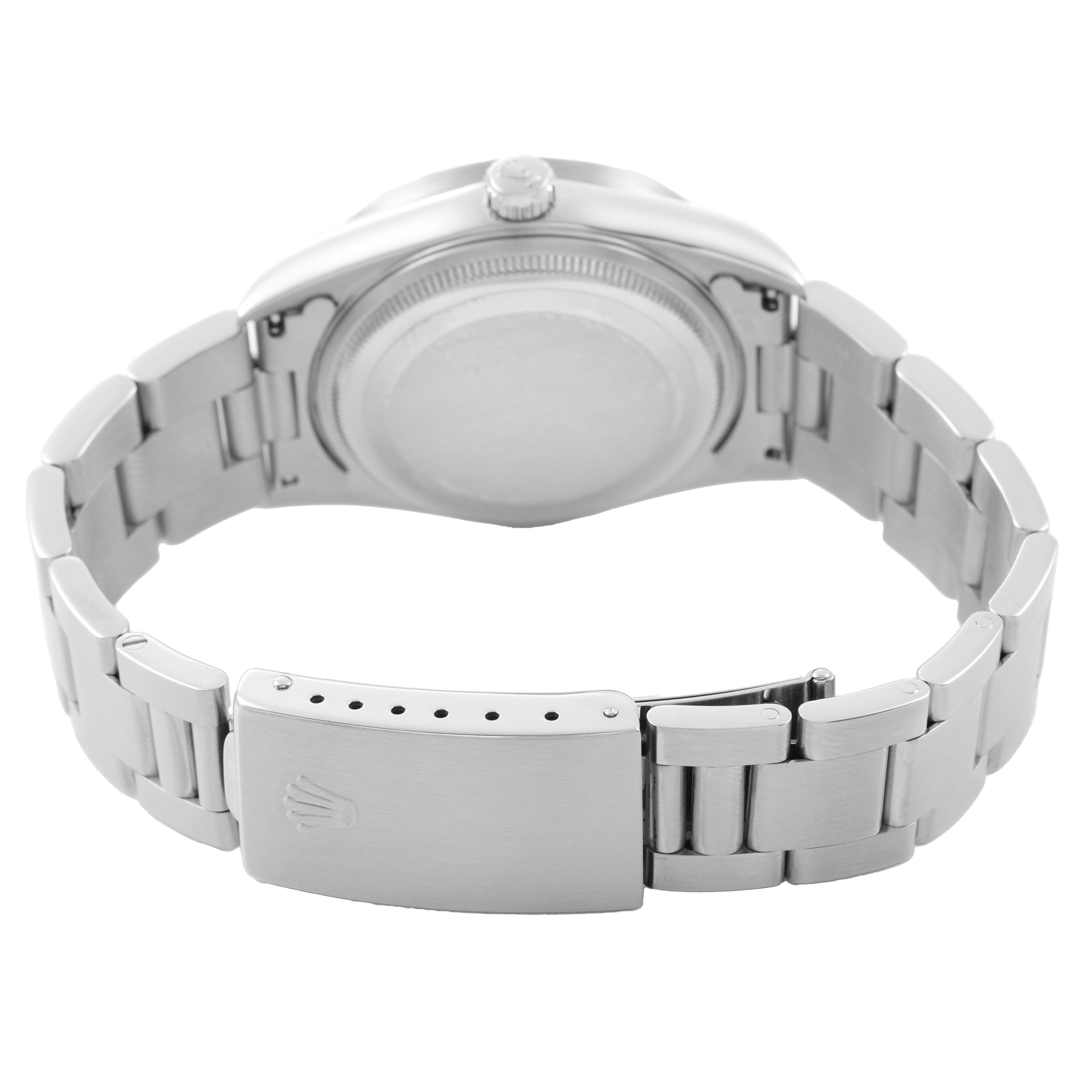 The Rolex Air-King 14010 Men's Stainless Steel White Dial watch is shown from the back, highlighting the bracelet and clasp.
