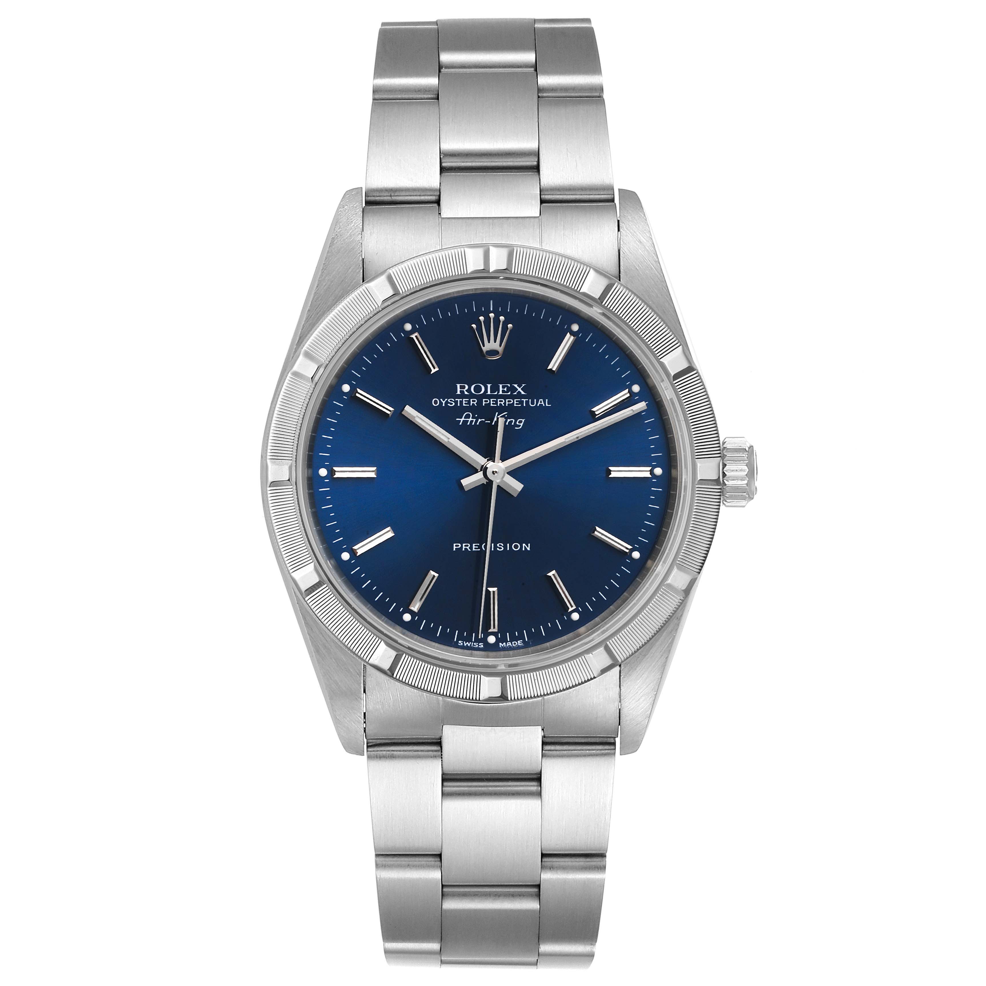 This image shows a front view of the Rolex Air-King 14010 Men's Stainless Steel Blue Dial 14010 Men's Stainless Steel Blue Dial watch, highlighting its blue dial and stainless steel bracelet.