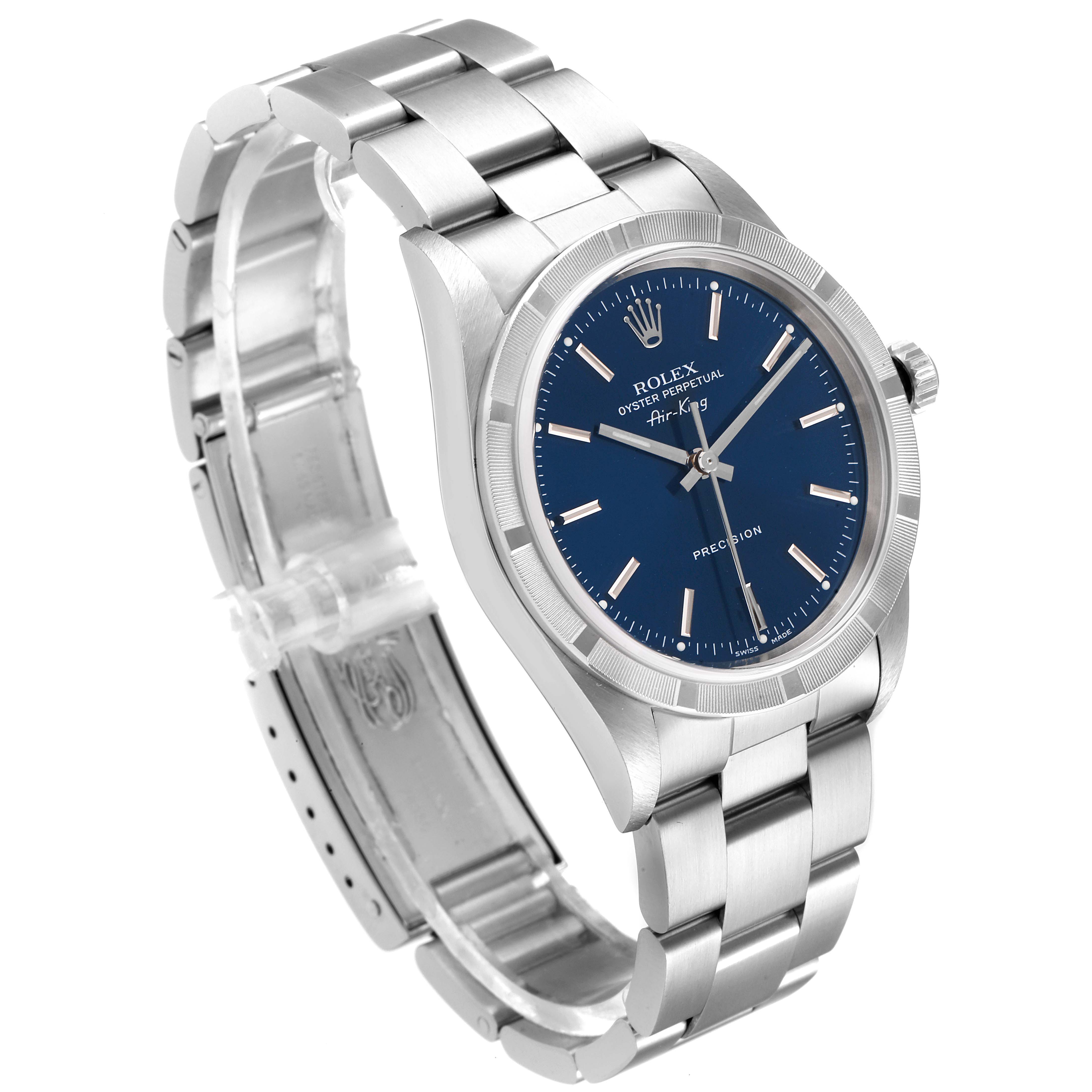 This image shows a Rolex Air-King 14010 Men's Stainless Steel Blue Dial 14010 Men's Stainless Steel Blue Dial watch at a three-quarter angle, highlighting the bracelet, case, and blue dial.