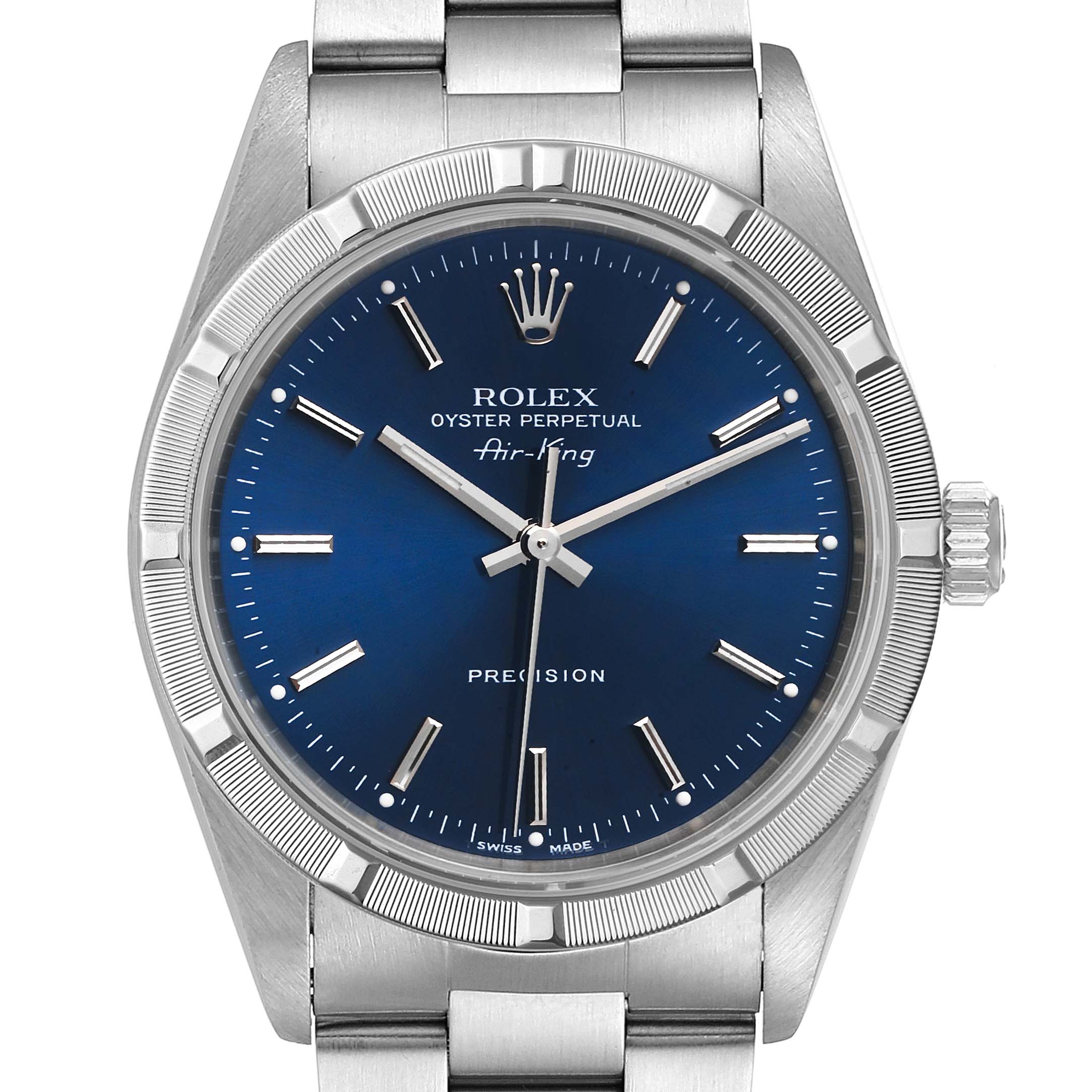 The image shows a frontal view of a Rolex Air-King 14010 Men's Stainless Steel Blue Dial 14010 Men's Stainless Steel Blue Dial watch, highlighting the dial, bezel, crown, and part of the bracelet.