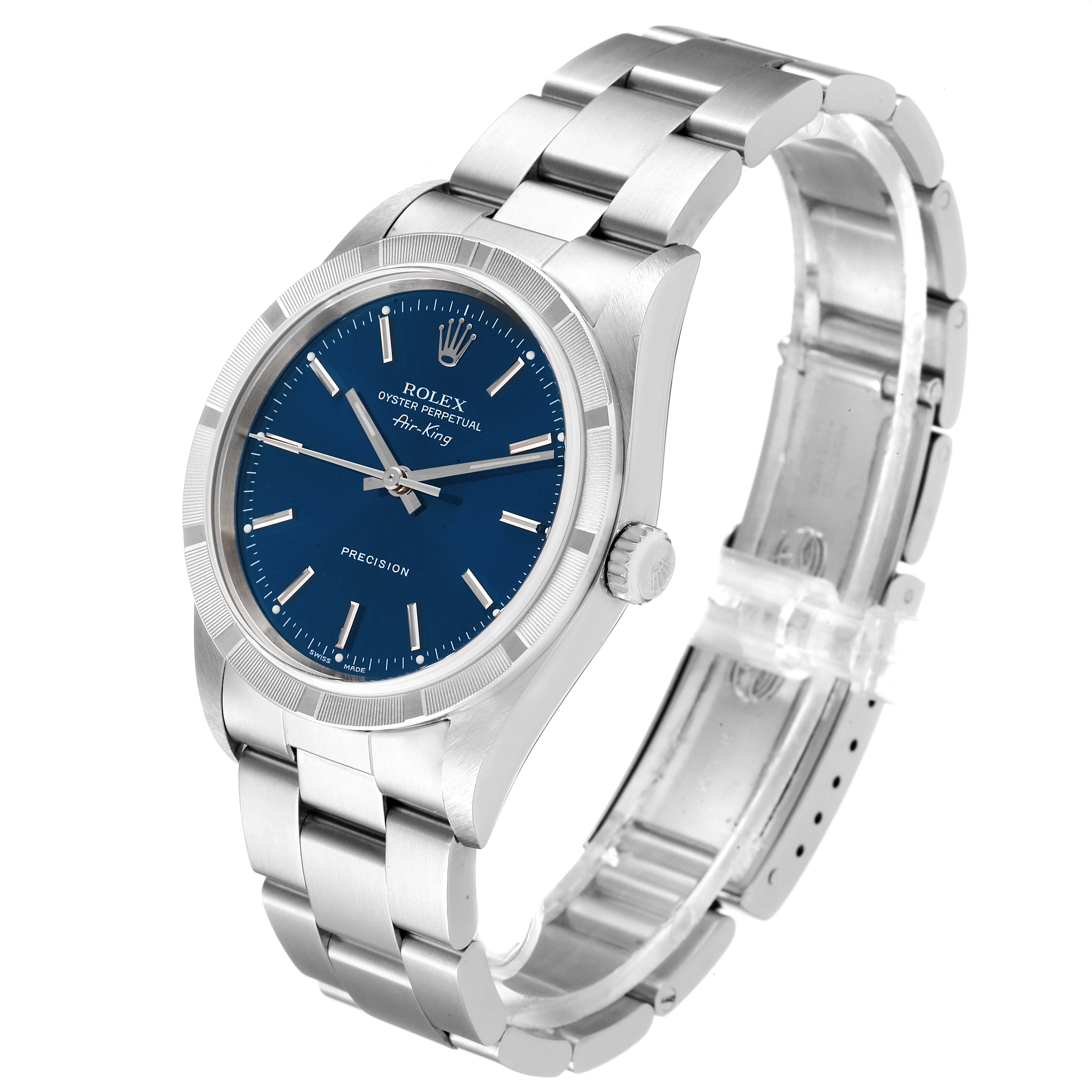The Rolex Air-King 14010 Men's Stainless Steel Blue Dial 14010 Men's Stainless Steel Blue Dial watch is shown at an angled front view, displaying its blue dial, stainless steel case, and bracelet.