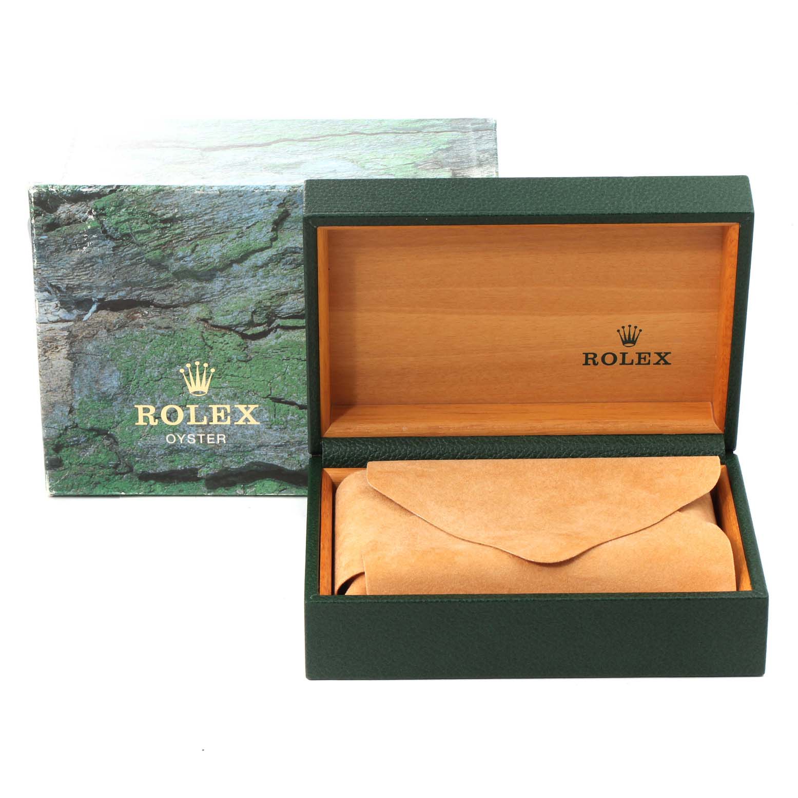 This image shows the packaging for a Rolex Air-King 14010 Men's Stainless Steel Blue Dial 14010 Men's Stainless Steel Blue Dial watch, including the outer box, inner wood box, and suede pouch.