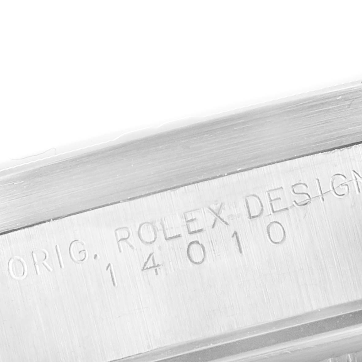 The image shows a close-up of the engraving on the side of the Rolex Air-King 14010 Men's Stainless Steel Blue Dial 14010 Men's Stainless Steel Blue Dial watch case.