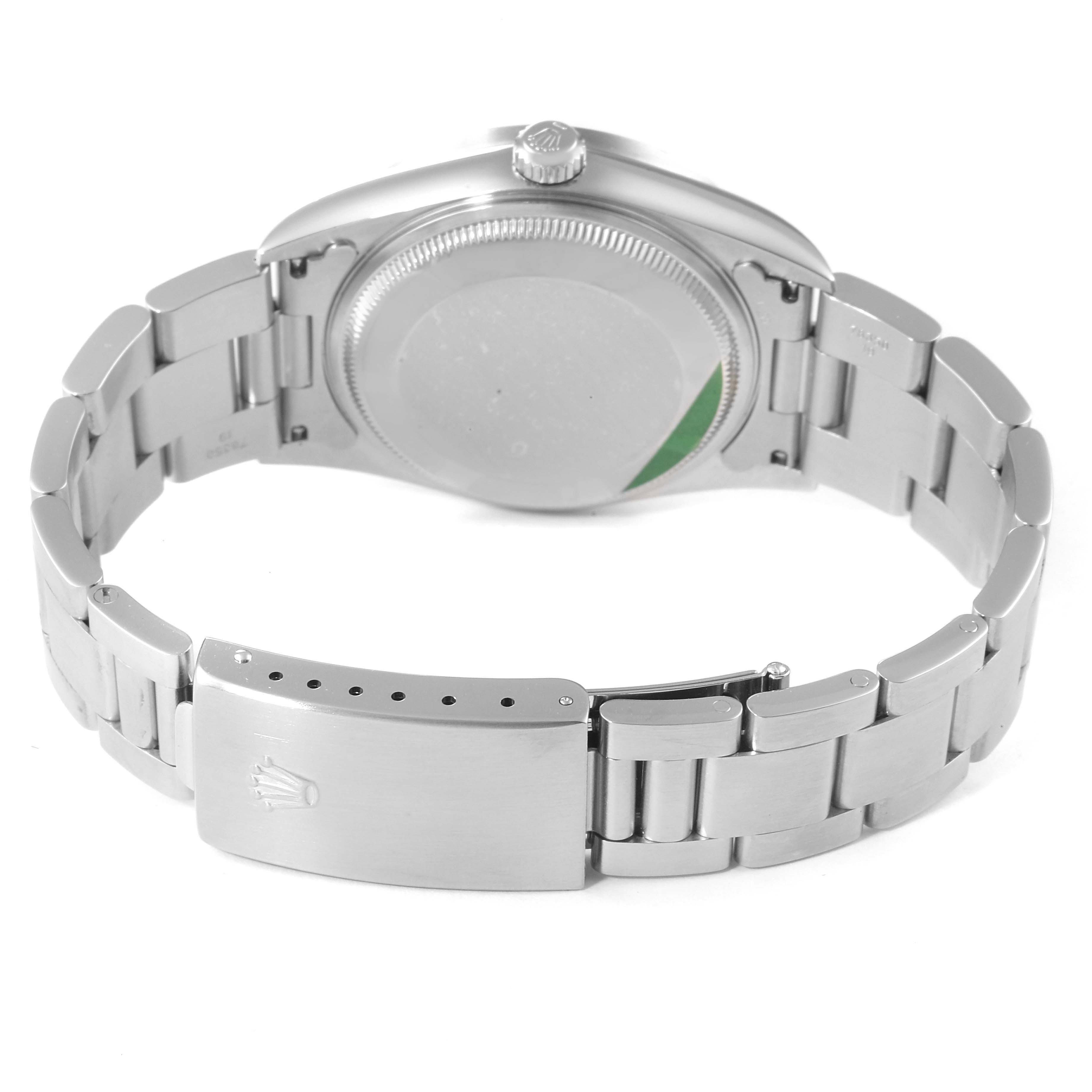 The image shows the back case and closed clasp of a Rolex Air-King 14010 Men's Stainless Steel Blue Dial 14010 Men's Stainless Steel Blue Dial watch, highlighting the stainless steel bracelet.