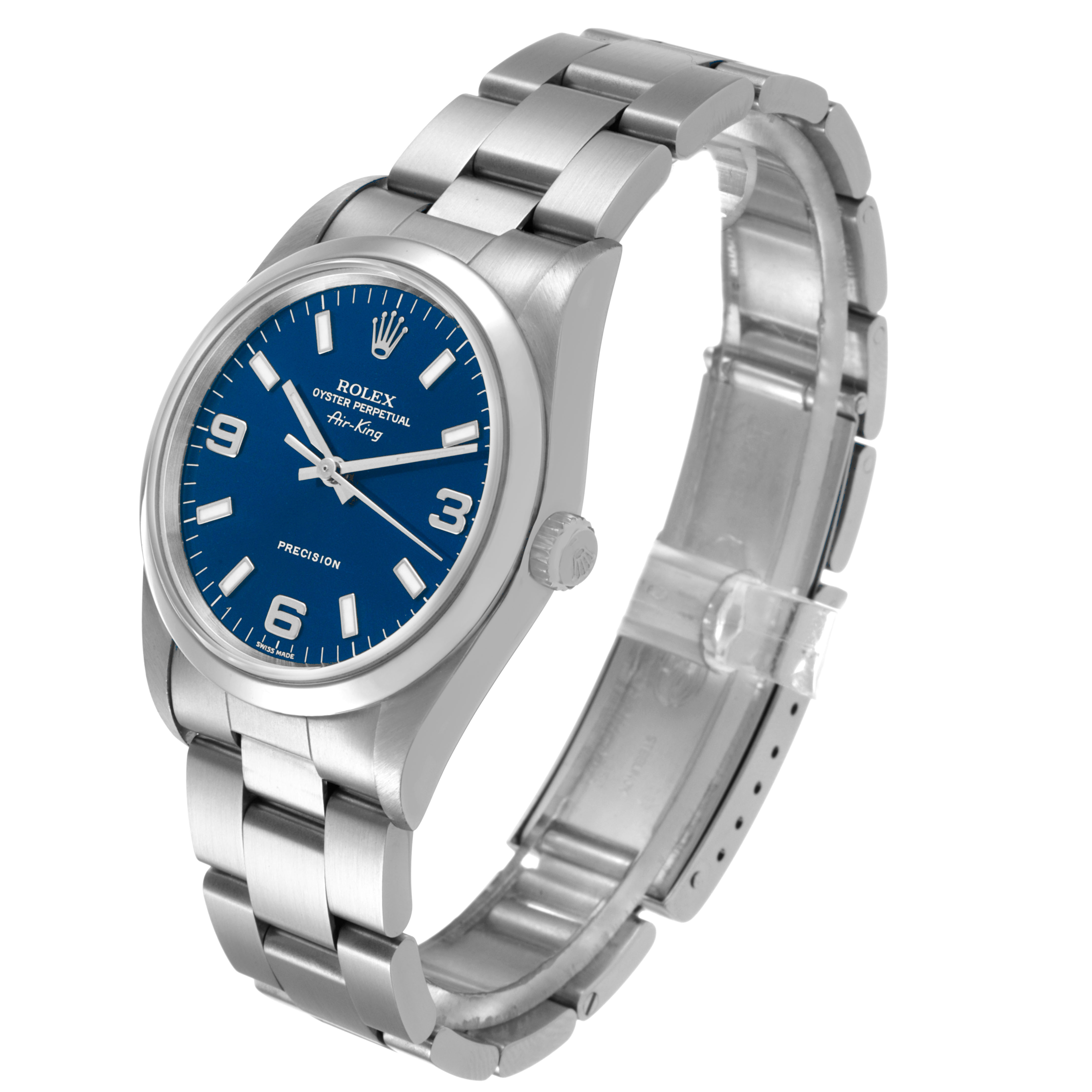 The Rolex Air-King 14000M Men's Stainless Steel Blue Dial watch is shown in a three-quarter view, highlighting the blue dial, bezel, and metal bracelet.