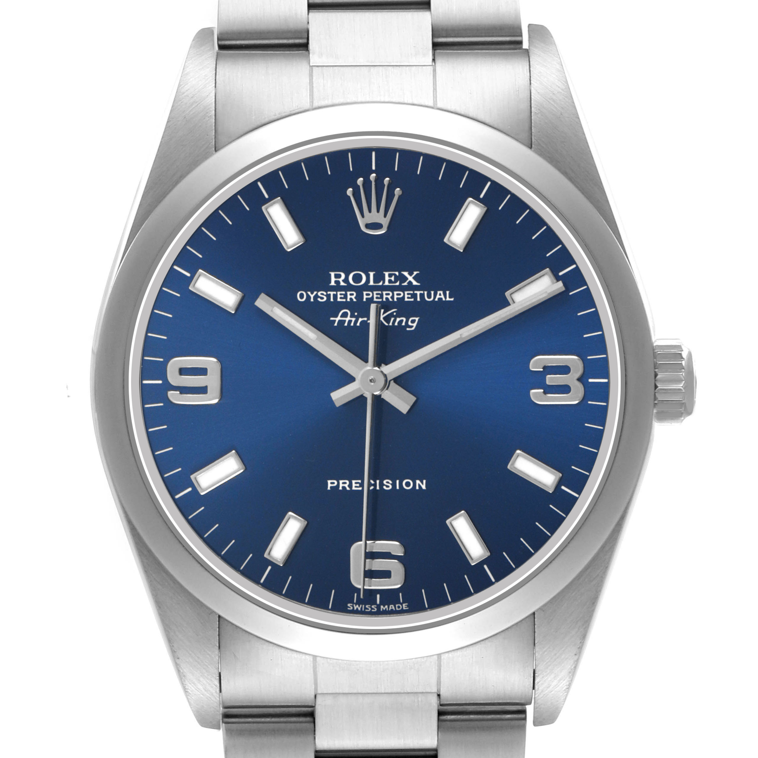 The Rolex Air-King 14000M Men's Stainless Steel Blue Dial watch is shown from a front angle, displaying its blue dial, markers, hands, and part of the bracelet.