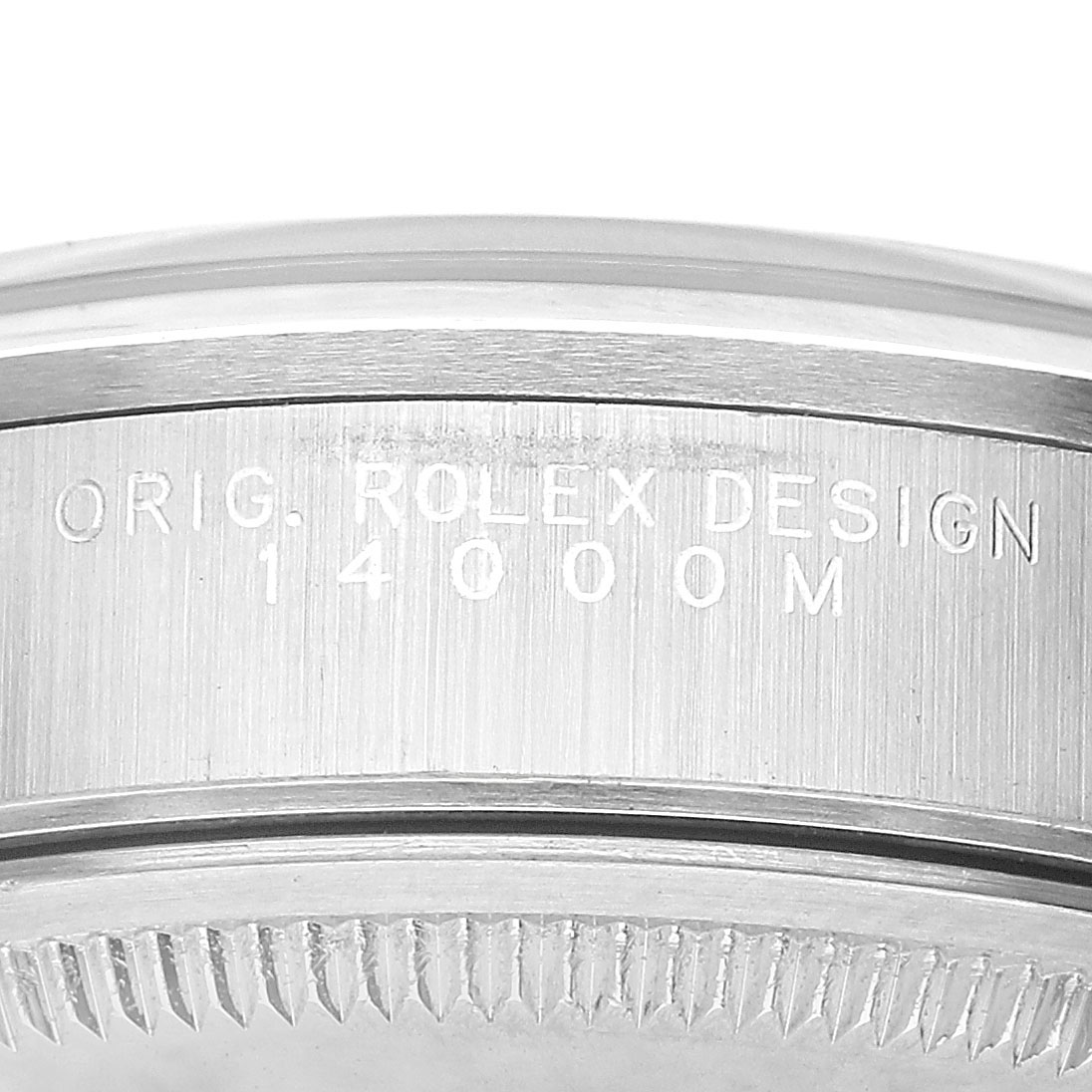 The image shows a close-up of the Rolex Air-King 14000M Men's Stainless Steel Blue Dial watch case side with engraved model details.