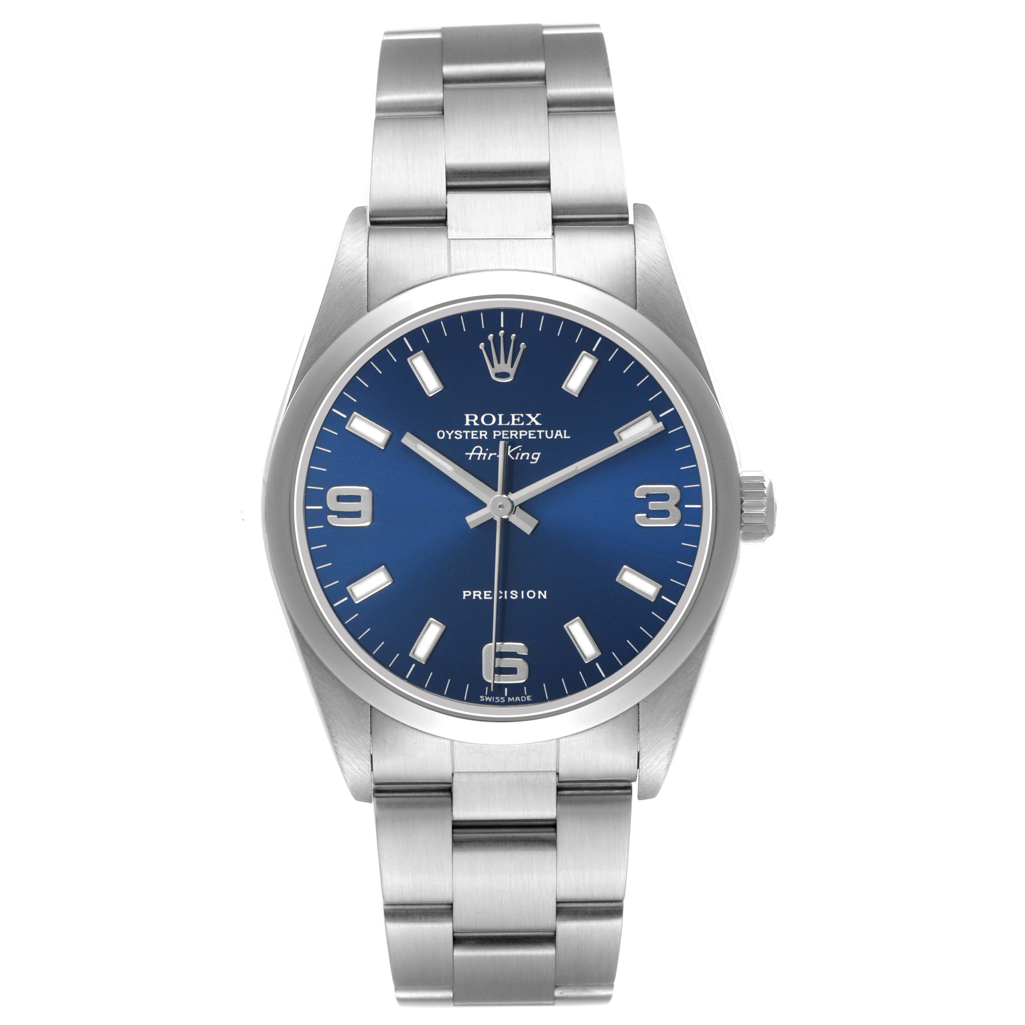 The Rolex Air-King 14000M Men's Stainless Steel Blue Dial watch is shown from a front angle, highlighting the blue dial, bezel, and bracelet.