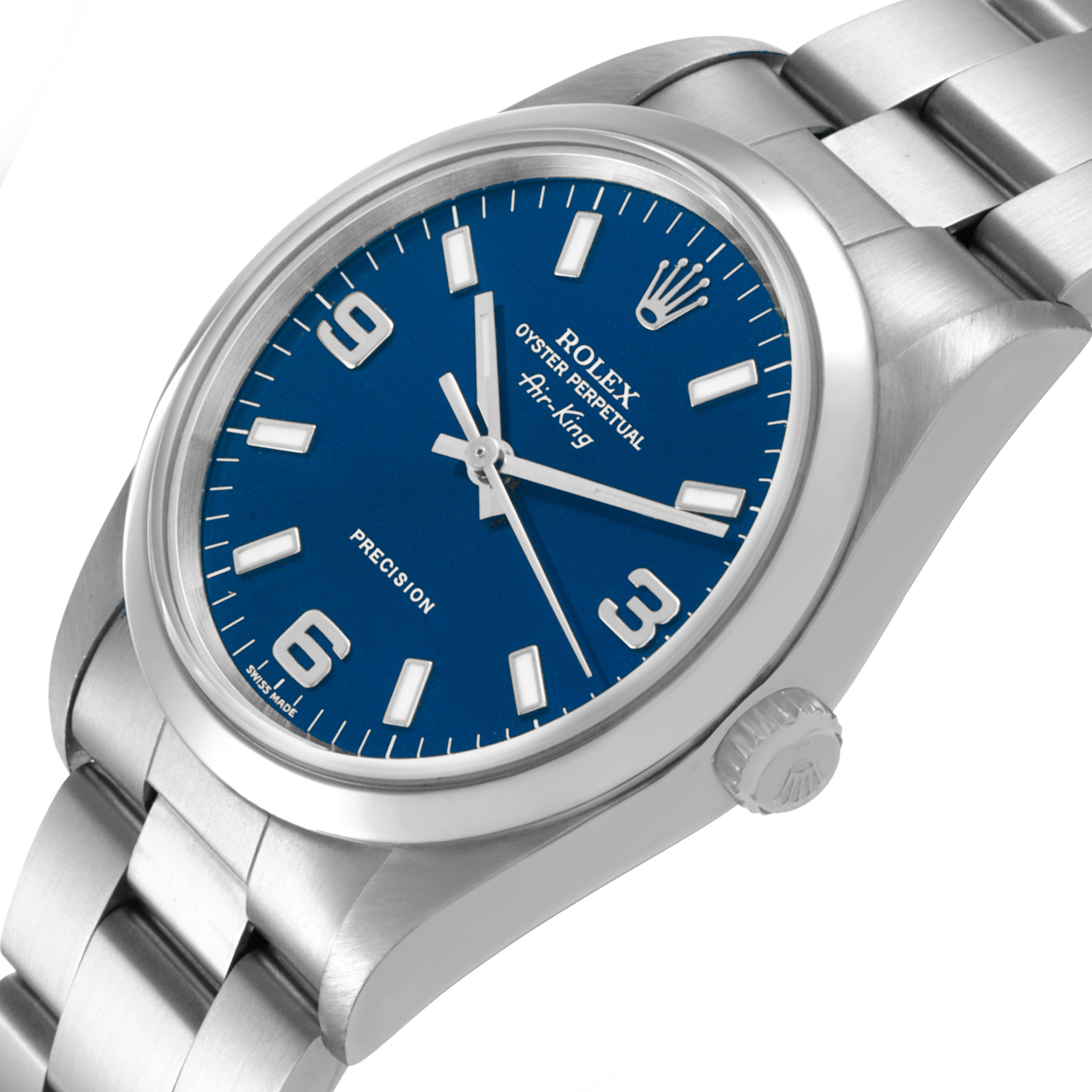 The Rolex Air-King 14000M Men's Stainless Steel Blue Dial watch is shown at an angled side view, highlighting the dial, bezel, crown, and bracelet.