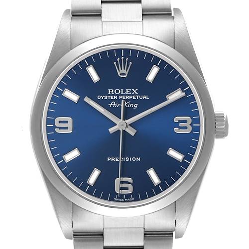 The Rolex Air-King 14000M Men's Stainless Steel Blue Dial watch is shown from the front, displaying the face, bezel, crown, and part of the bracelet.
