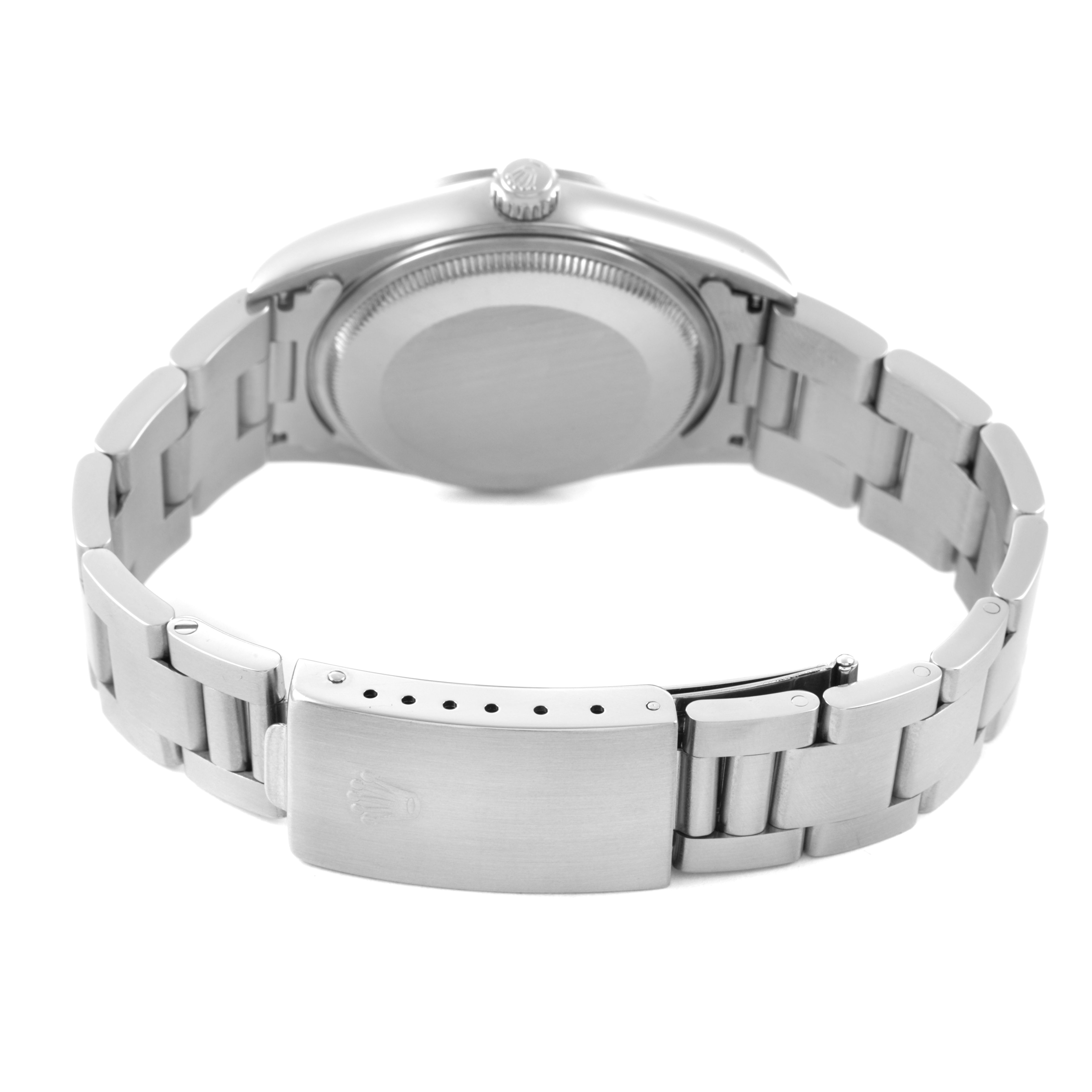 The Rolex Air-King 14000M Men's Stainless Steel Blue Dial watch is shown from a rear angle, highlighting the bracelet, clasp, and case back.