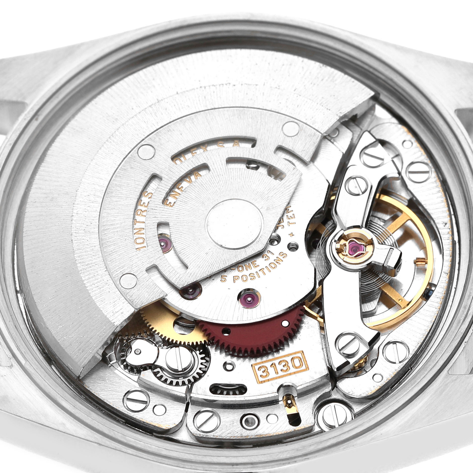 The image shows the Rolex Air-King 14000M Men's Stainless Steel Blue Dial watch's movement, viewed from the back, highlighting the intricate gears and rotor.