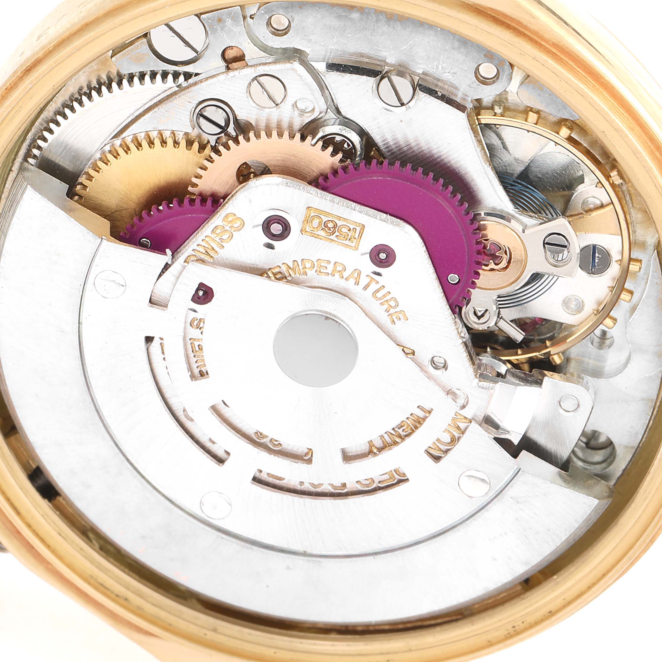 This image shows the internal movement mechanism of a Rolex Date 1502 Men's Yellow Gold Champagne Dial 1502 Men's Yellow Gold Champagne Dial model watch.