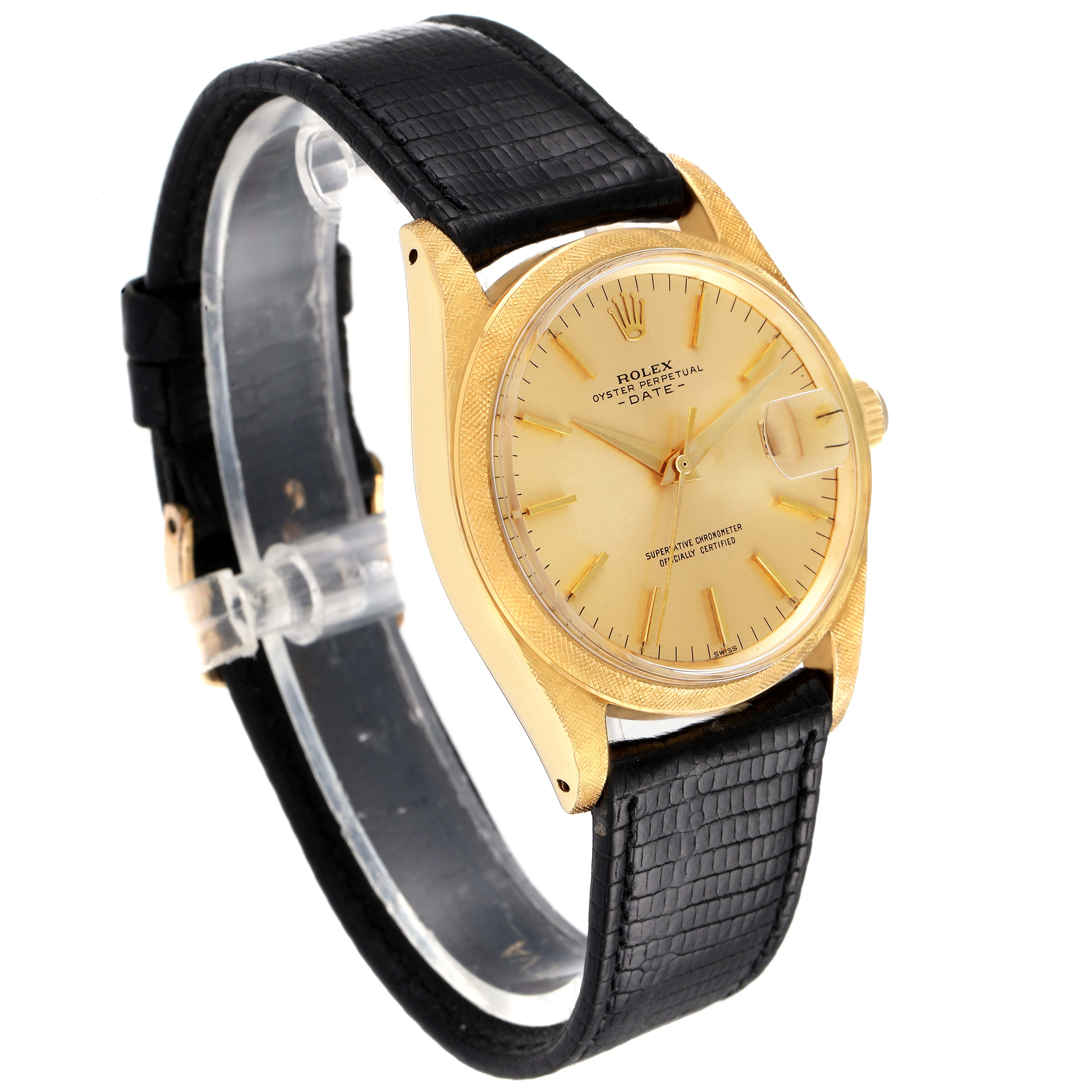 The image shows a side-angle view of a Rolex Date 1502 Men's Yellow Gold Champagne Dial 1502 Men's Yellow Gold Champagne Dial model watch, highlighting its gold case, dial, and black leather strap.