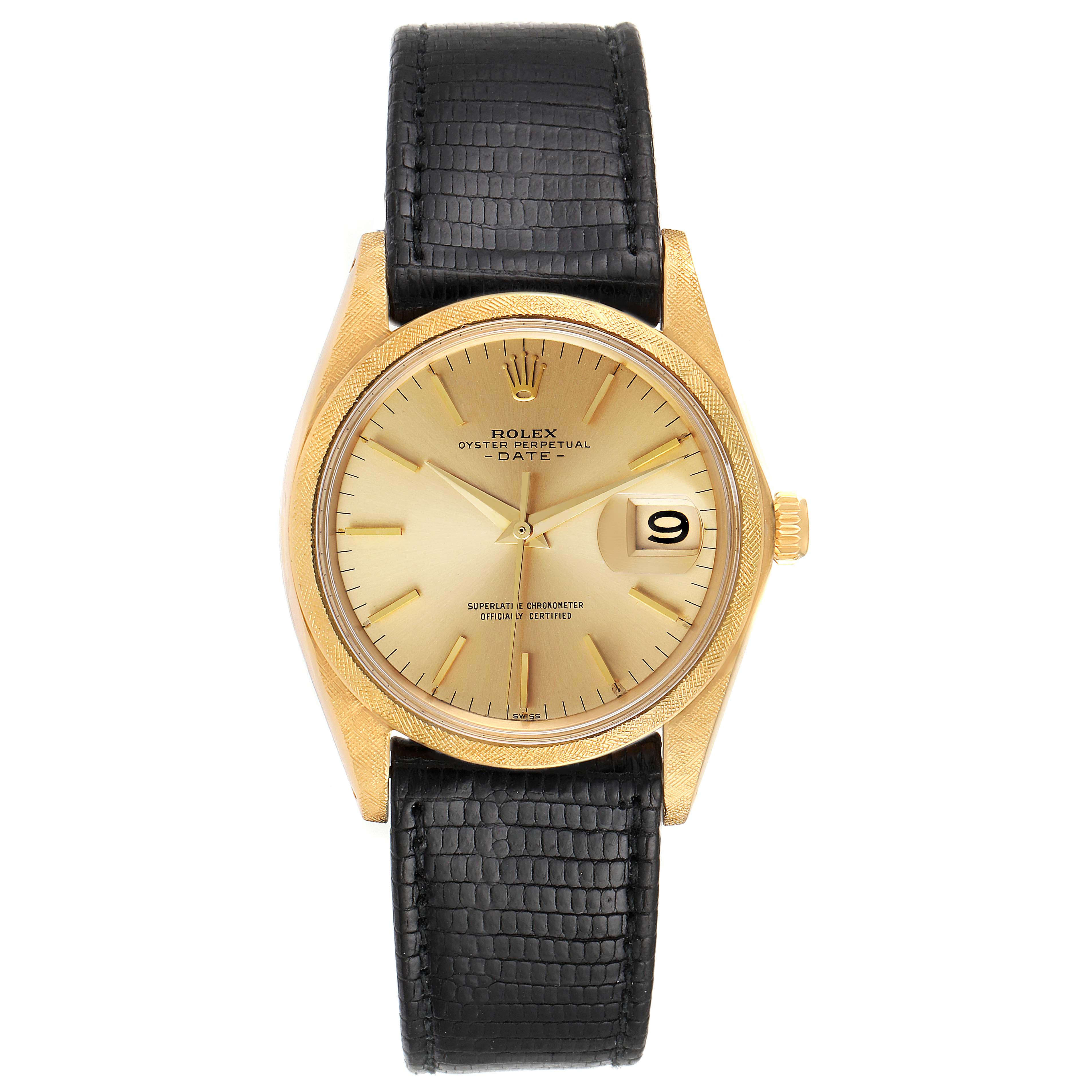 This image shows a front view of a Rolex Date 1502 Men's Yellow Gold Champagne Dial 1502 Men's Yellow Gold Champagne Dial model watch with a gold dial and black leather strap.
