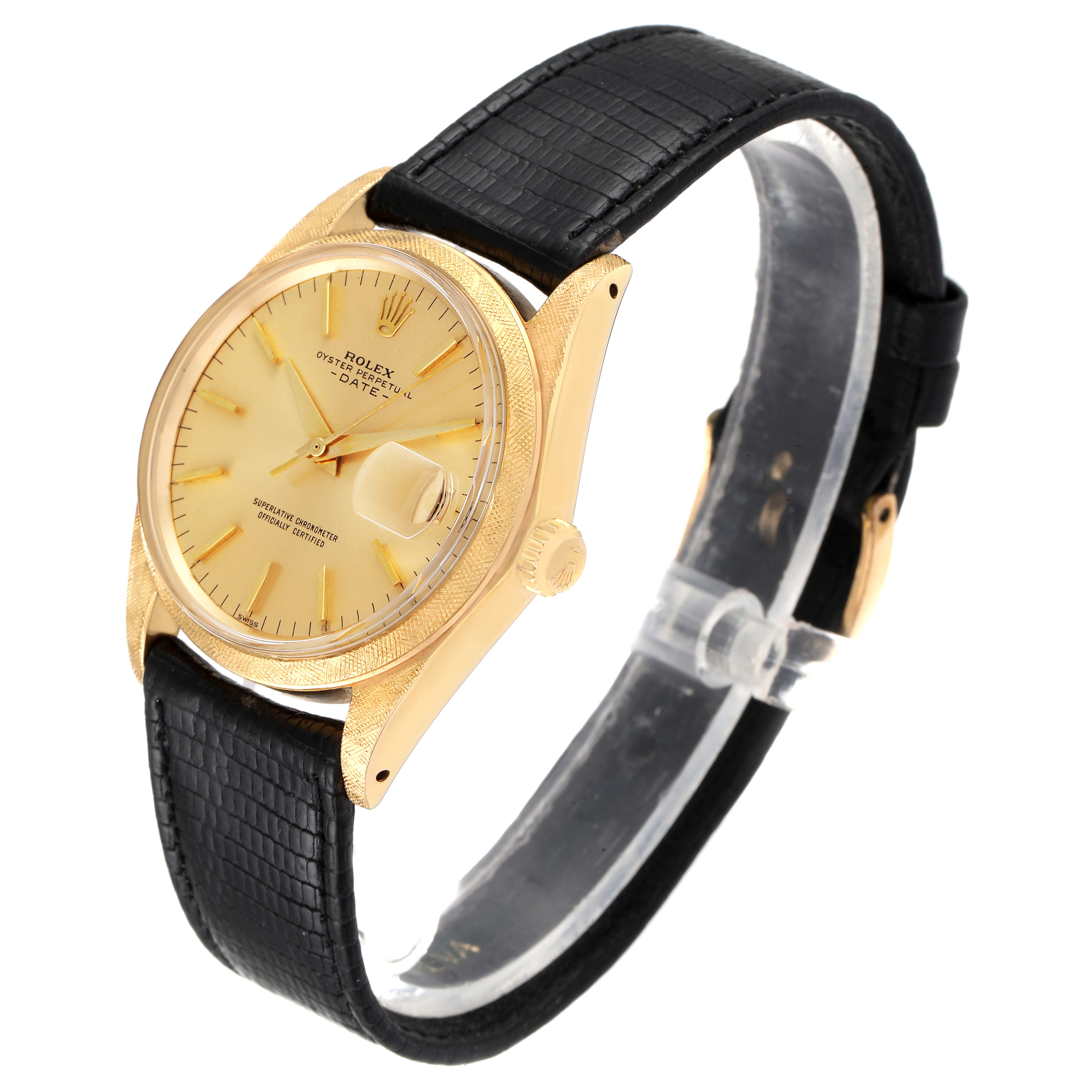 The Rolex Date 1502 Men's Yellow Gold Champagne Dial 1502 Men's Yellow Gold Champagne Dial model watch is shown at an angle with focus on the dial, case, crown, and black leather strap.