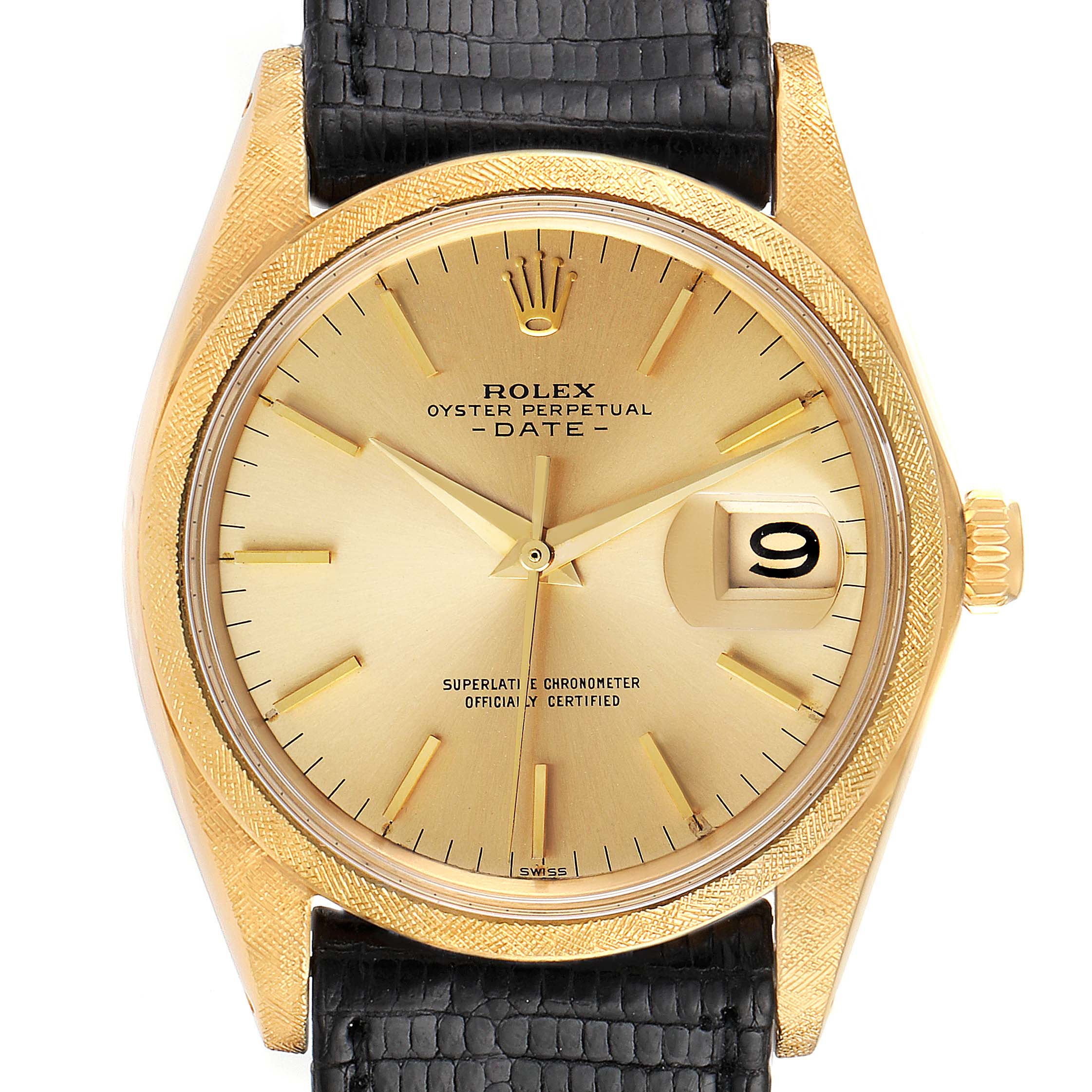 The Rolex Date 1502 Men's Yellow Gold Champagne Dial 1502 Men's Yellow Gold Champagne Dial model watch is shown from a front angle, displaying the dial, hands, date window, crown, and black leather strap.