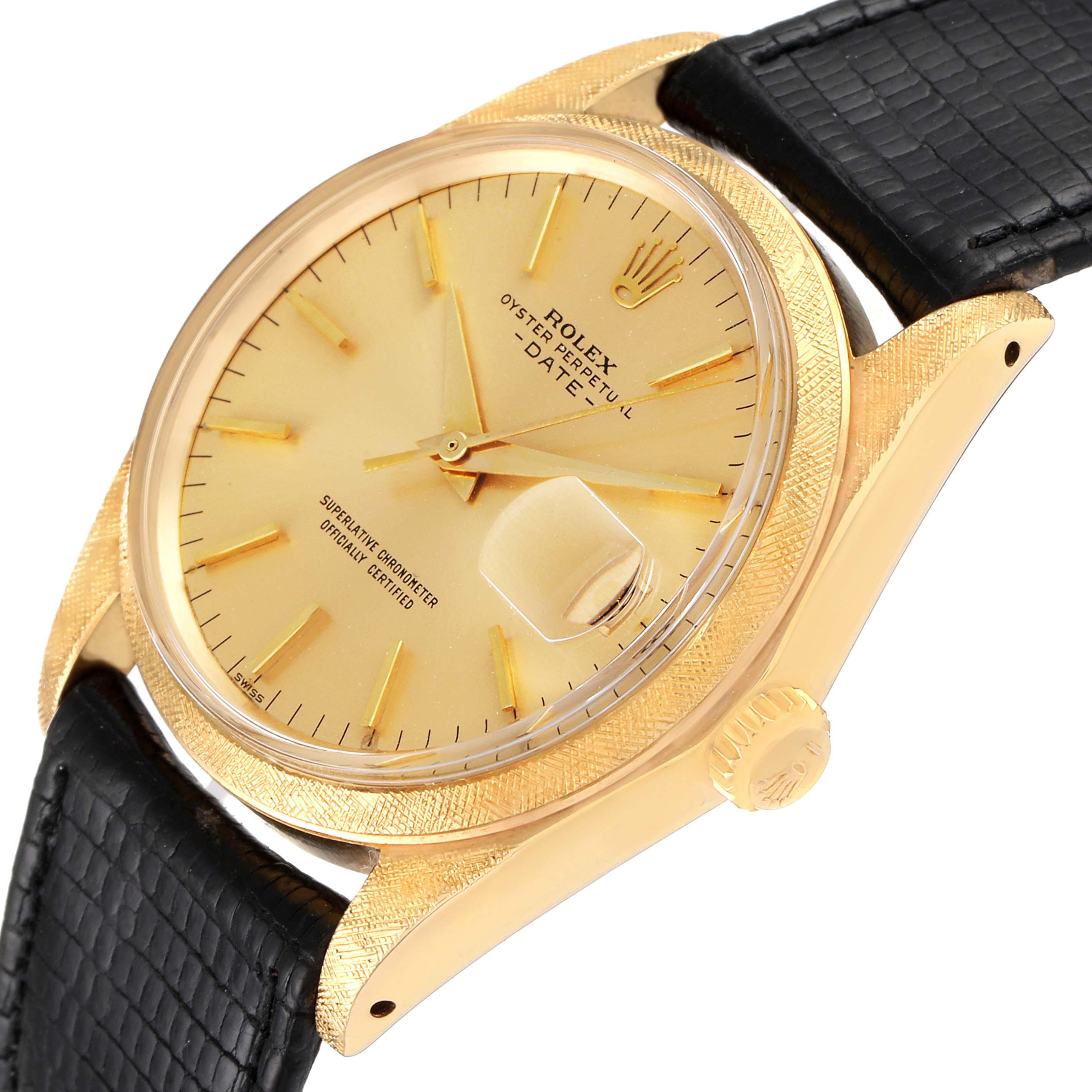 The image shows a Rolex Oyster Perpetual Date watch from a three-quarter angle, highlighting the dial, bezel, crown, and strap.