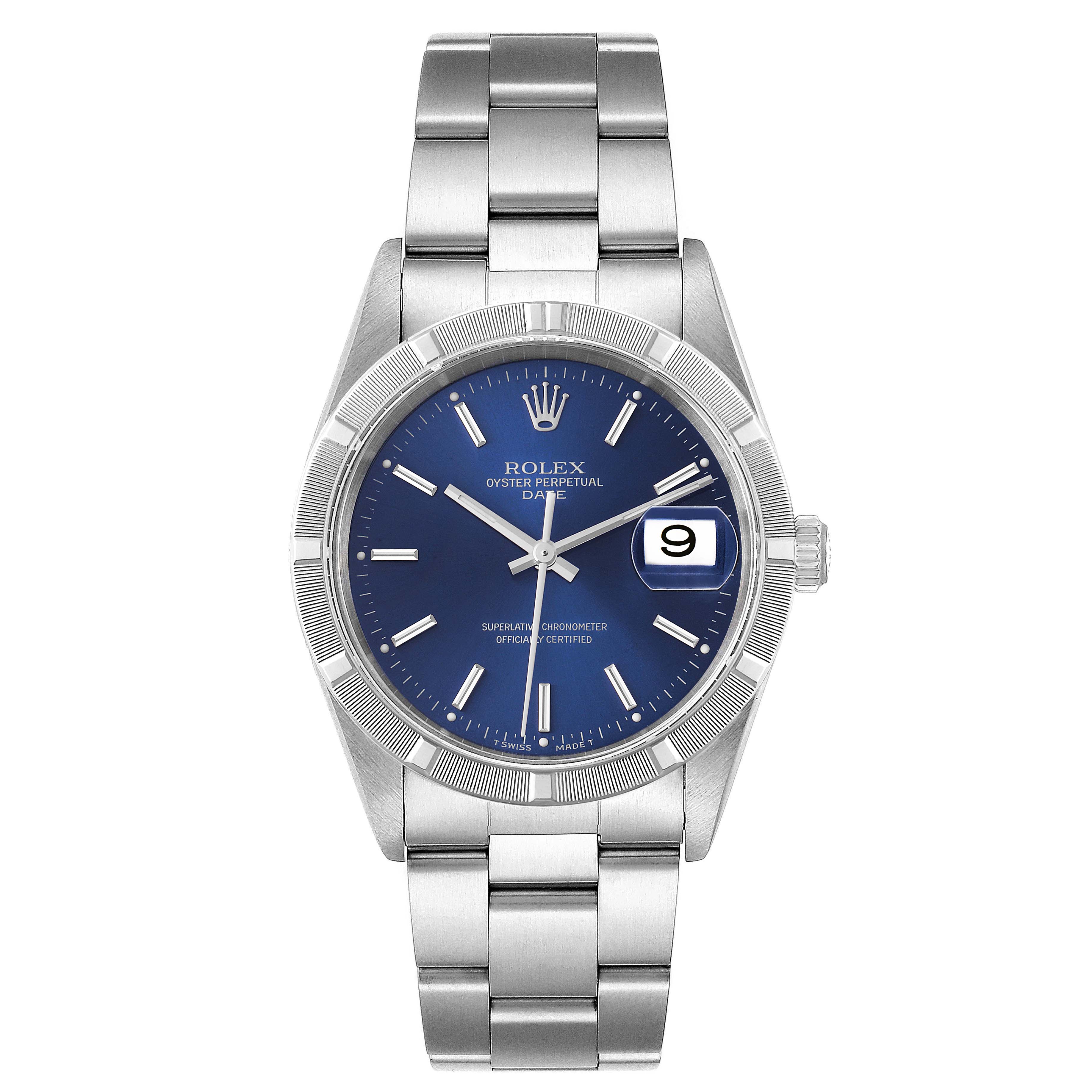 The image shows a front view of a Rolex Oyster Perpetual Date watch, highlighting its blue dial, date window, bezel, and stainless steel bracelet.