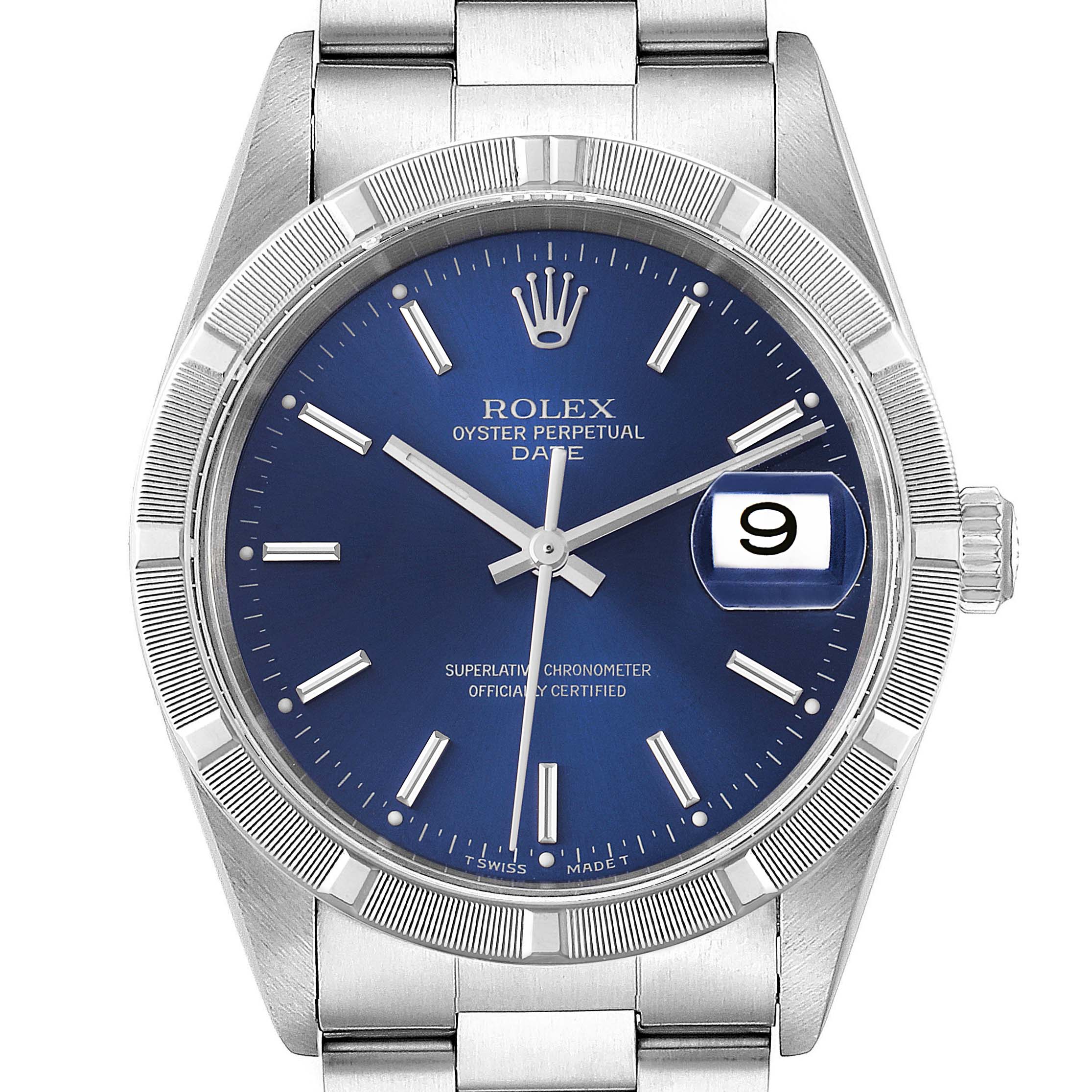 The image shows a front view of a Rolex Oyster Perpetual Date watch, highlighting the dial, bezel, and part of the bracelet.