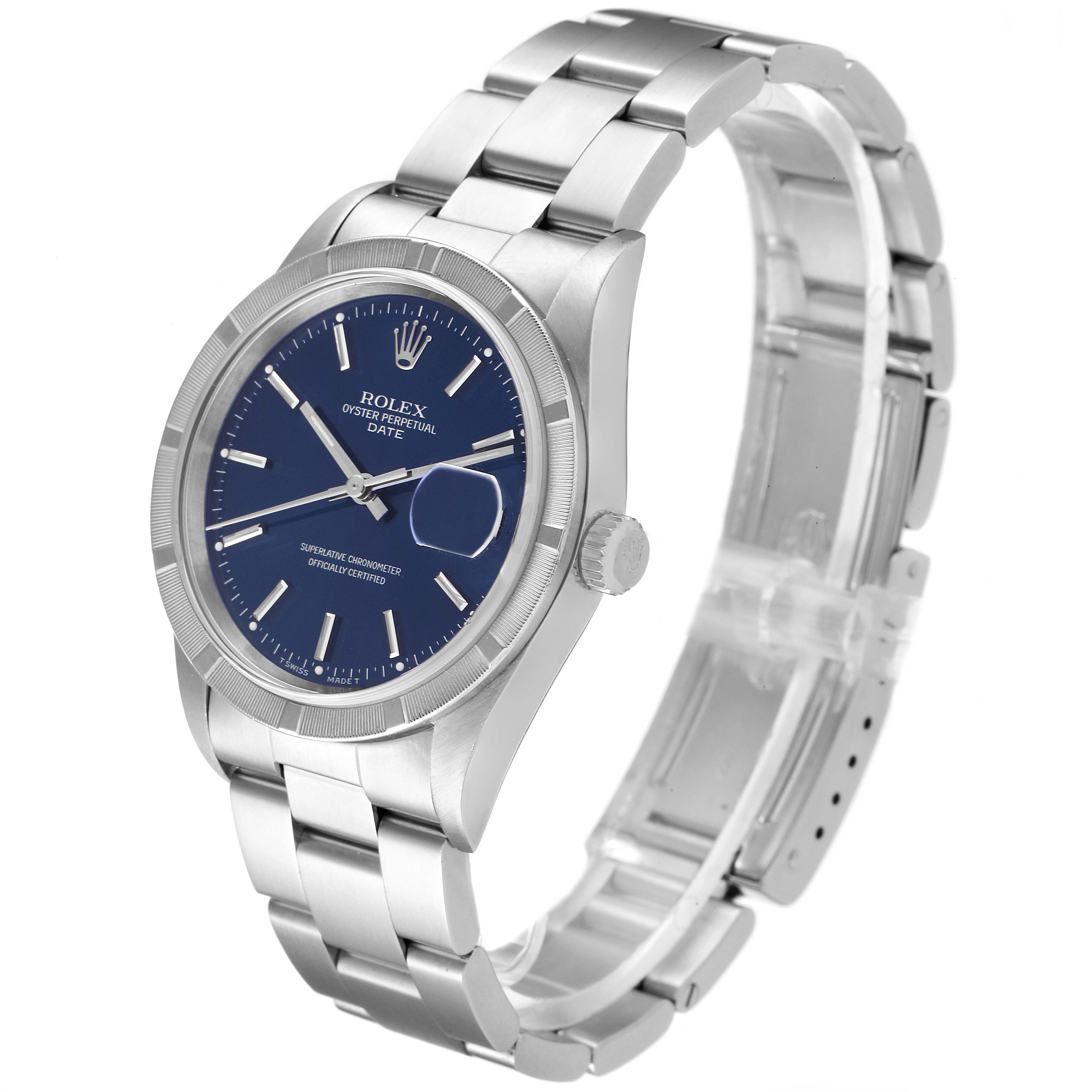 The Rolex Date 15210 Men's Stainless Steel Blue Dial 15210 Men's Stainless Steel Blue Dial model watch is shown at a slight angle, displaying the face, bezel, crown, and bracelet clearly.