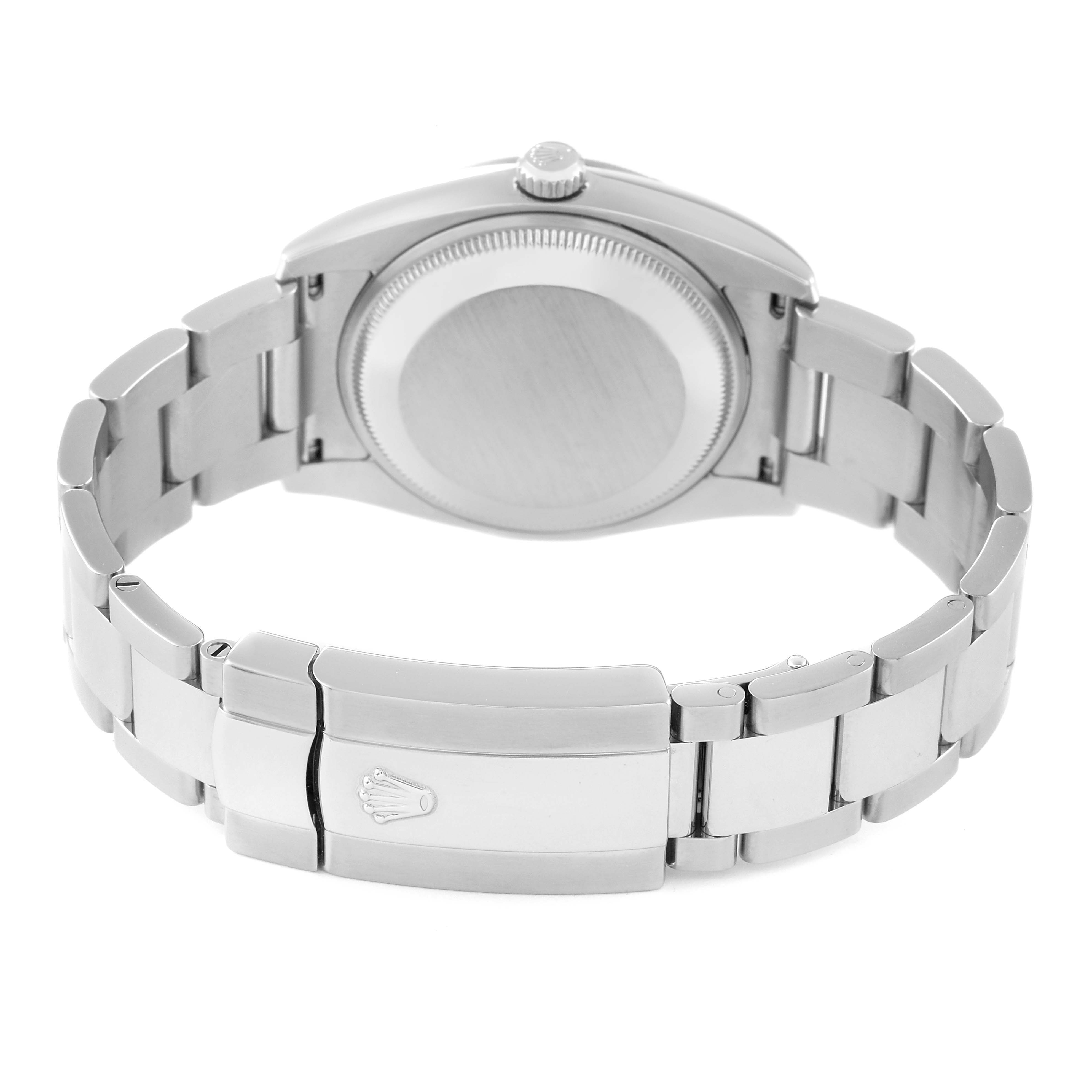 The image shows the back view of the Rolex Date 115210 Men
s Stainless Steel Black Dial 115210 Men
s Stainless Steel Black Dial model watch, including the clasp and caseback.