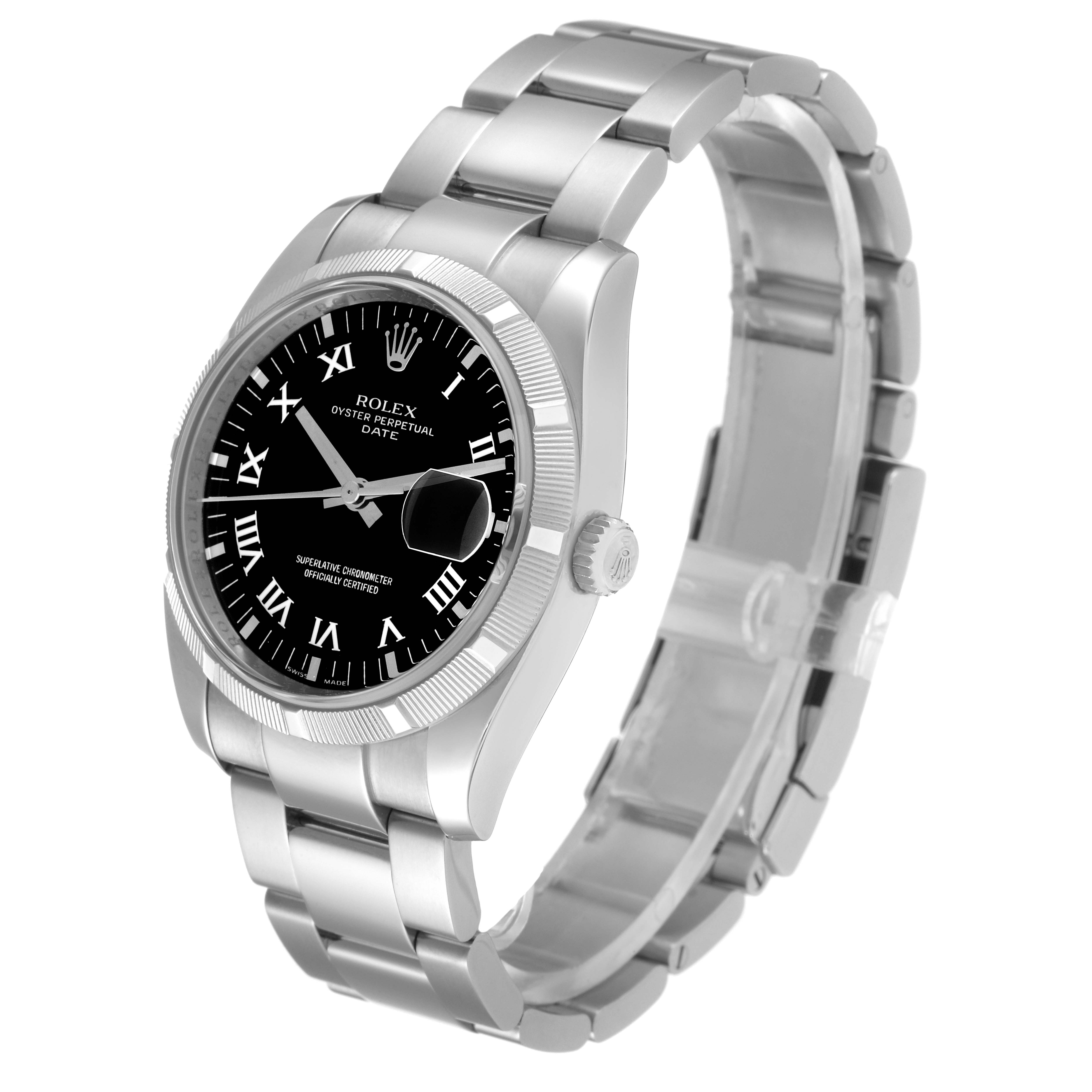 The image shows a Rolex Date 115210 Men
s Stainless Steel Black Dial 115210 Men
s Stainless Steel Black Dial model watch from a slight perspective angle, highlighting the dial, bezel, bracelet, and crown.