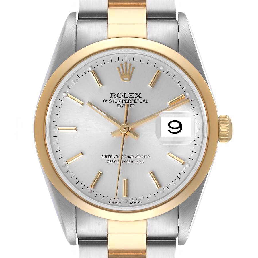 Rolex Date Steel Yellow Gold Silver Dial Mens Watch 15203 SwissWatchExpo