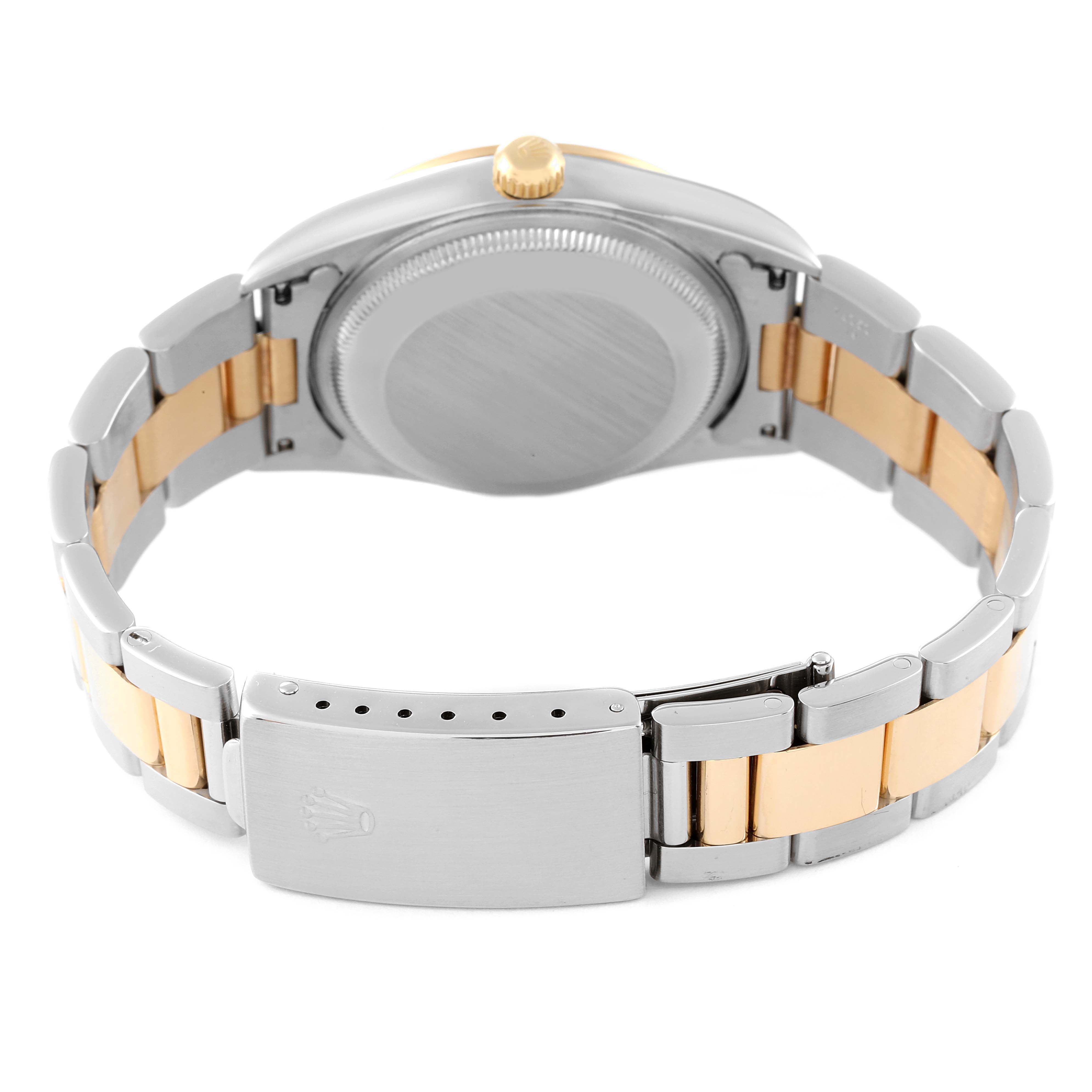 The image shows the back view of a Rolex Date 15203 Men
s Steel and Gold (two tone) Silver Dial 15203 Men
s Steel and Gold (two tone) Silver Dial model watch, highlighting its case, bracelet, and clasp.