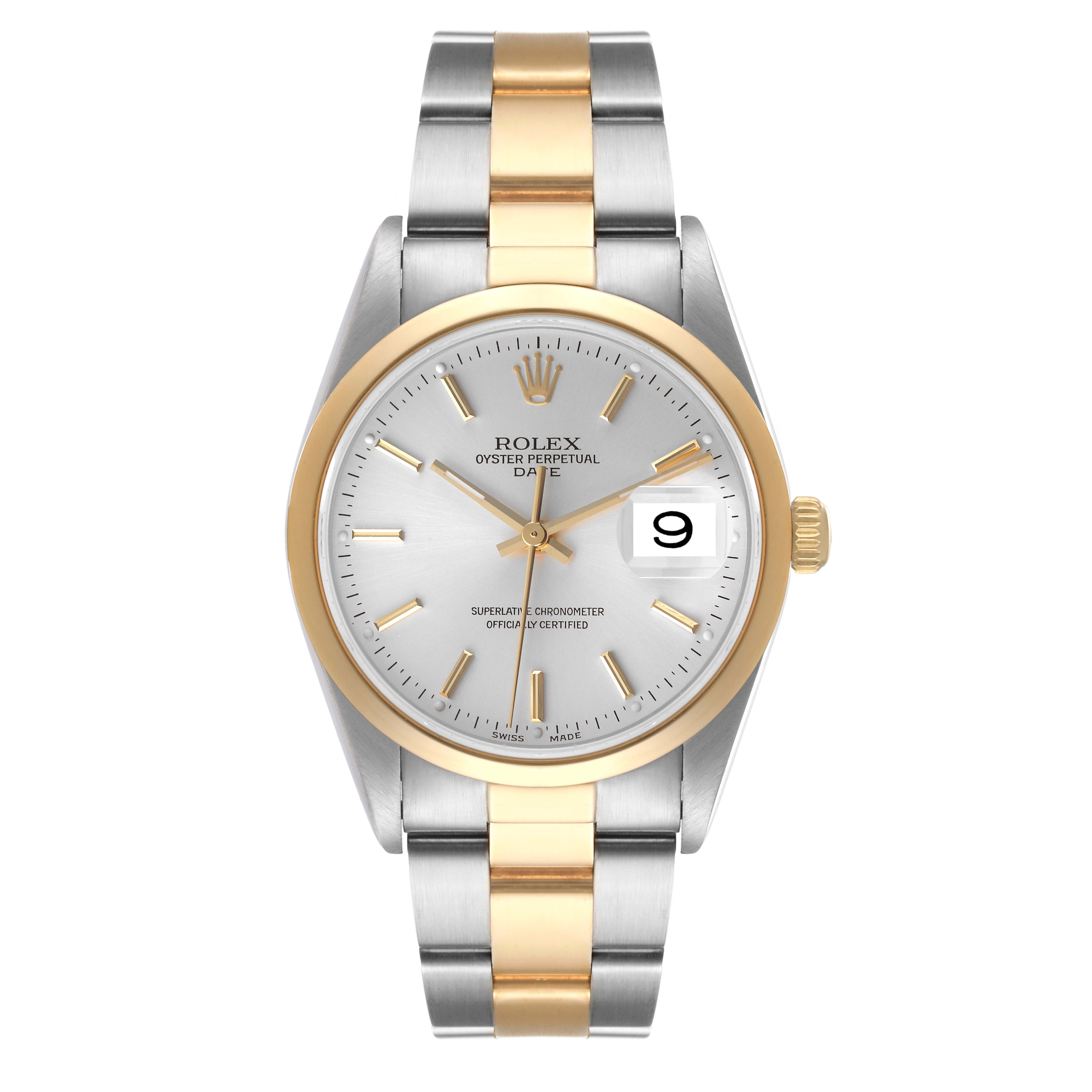 The image shows a front view of a Rolex Date 15203 Men
s Steel and Gold (two tone) Silver Dial 15203 Men
s Steel and Gold (two tone) Silver Dial model, displaying its dial, bezel, and two-tone bracelet.