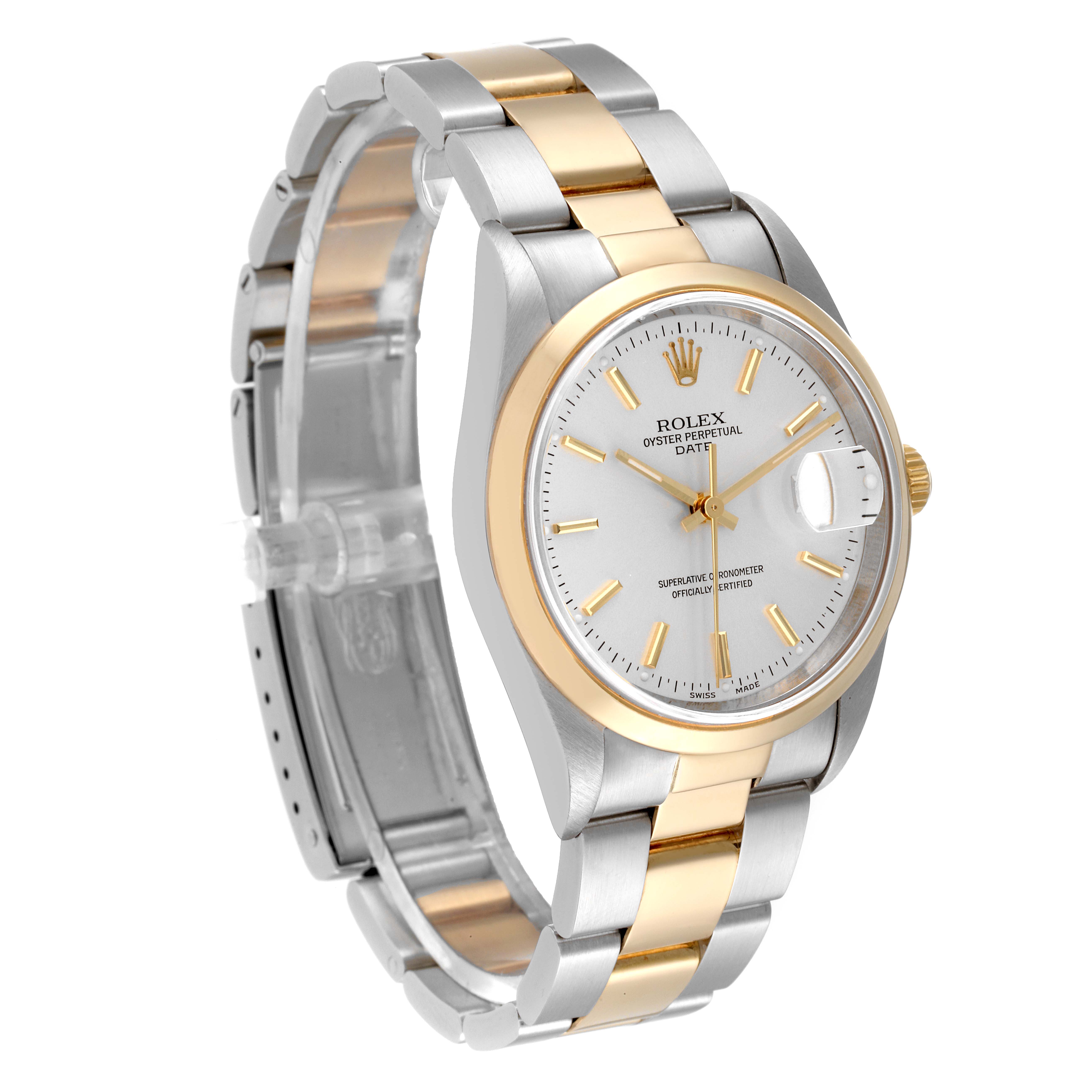 The image shows a Rolex Date 15203 Men
s Steel and Gold (two tone) Silver Dial 15203 Men
s Steel and Gold (two tone) Silver Dial watch at a three-quarter angle, highlighting the dial, bezel, and two-tone bracelet.
