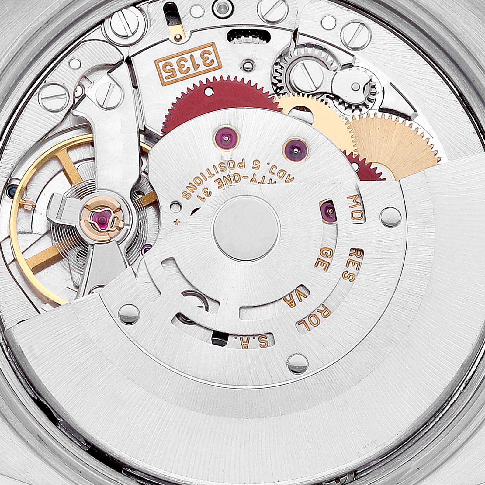 This image shows the intricate mechanics and movement of a Rolex Date 15203 Men
s Steel and Gold (two tone) Silver Dial 15203 Men
s Steel and Gold (two tone) Silver Dial model watch from a close-up, rear view angle.