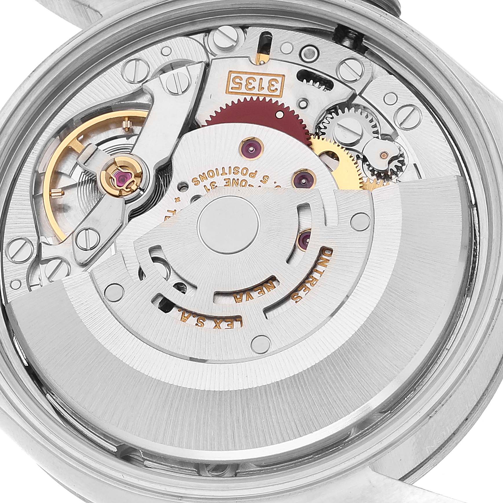 This image shows the movement of a Rolex Date 15203 Men's Steel and Gold (two tone) White Dial 15203 Men's Steel and Gold (two tone) White Dial model watch from the back, highlighting gears, rotor, and other internal mechanisms.