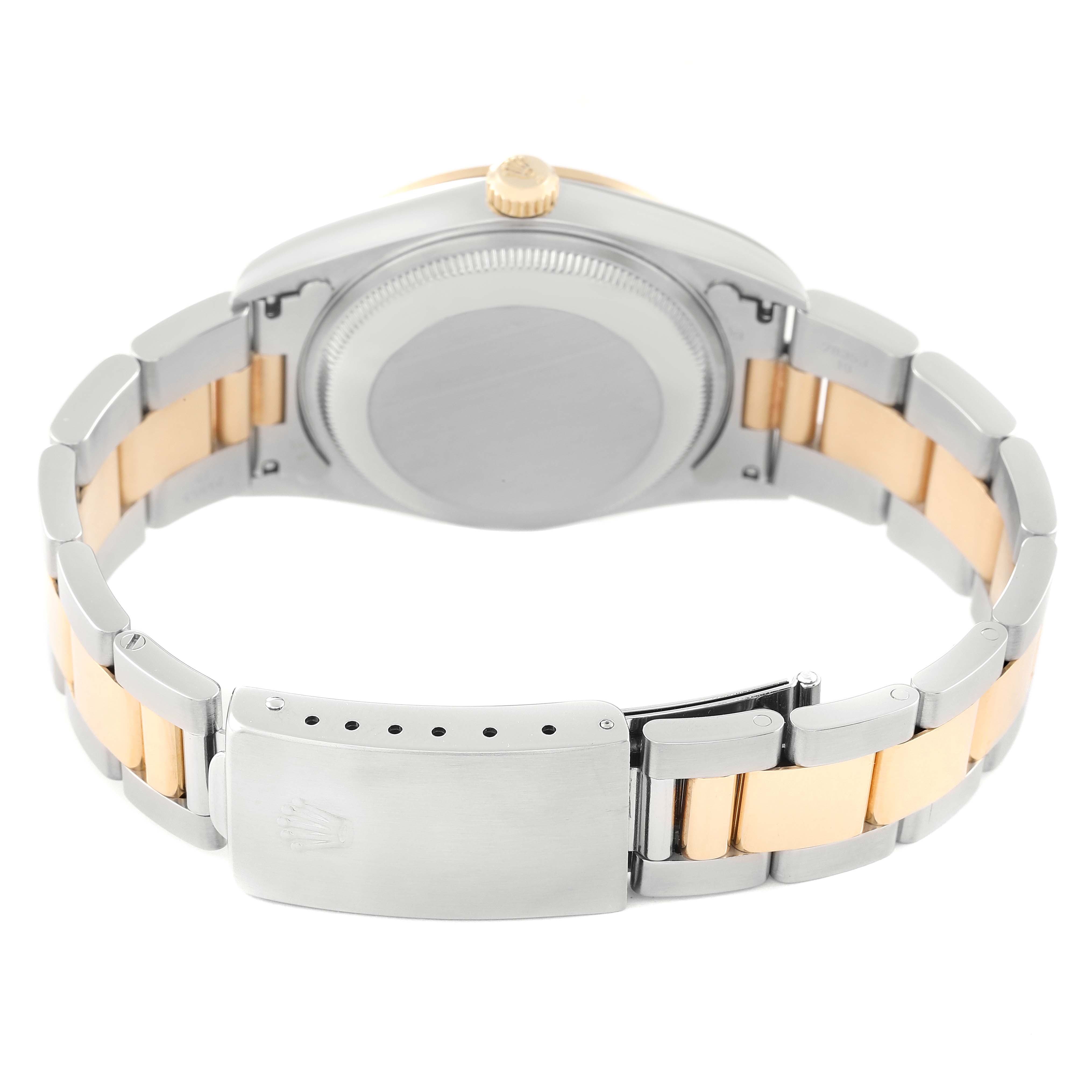 This image shows the back view of a Rolex Date 15203 Men's Steel and Gold (two tone) White Dial 15203 Men's Steel and Gold (two tone) White Dial model watch, highlighting its band, clasp, and case back.