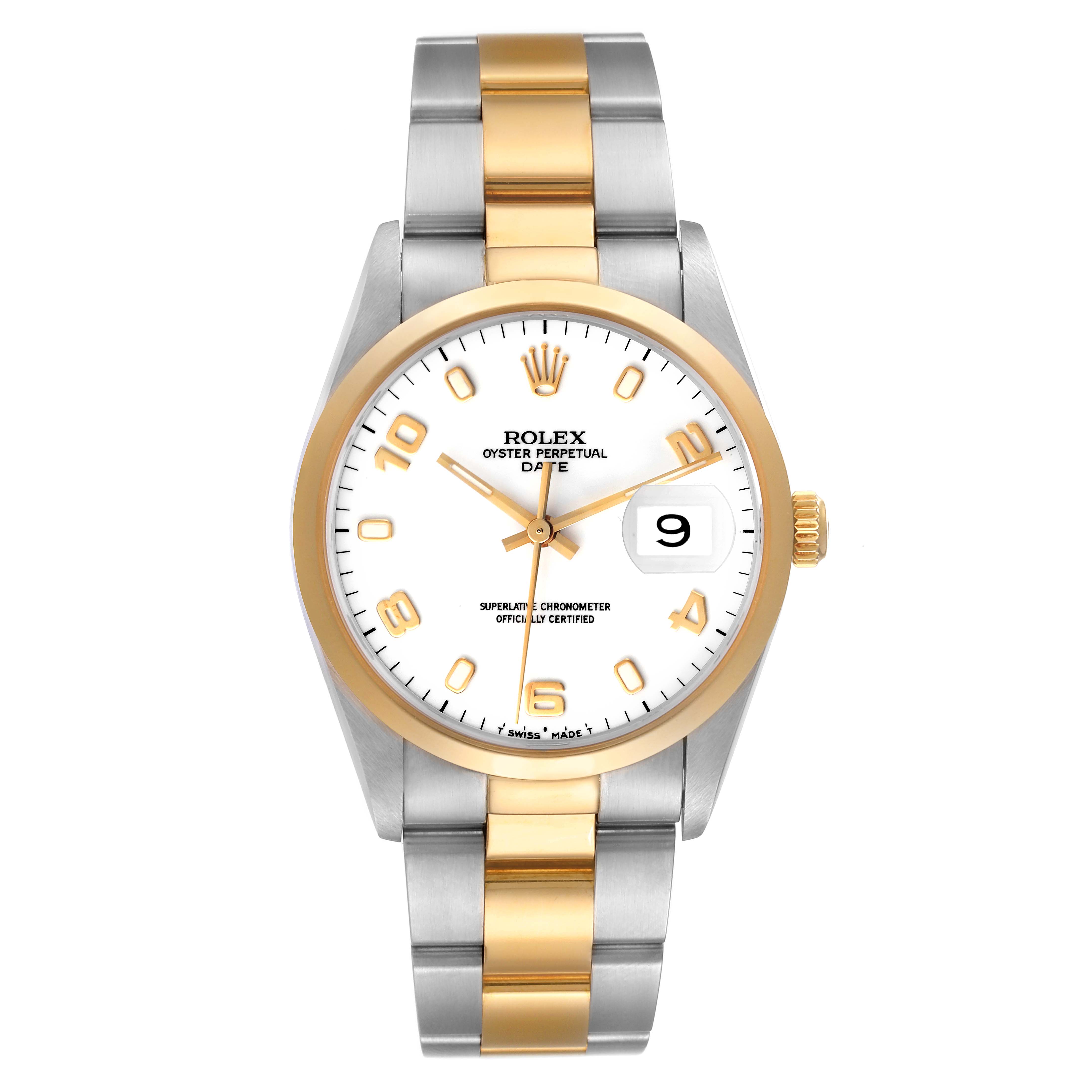 The image shows a Rolex Oyster Perpetual Date watch from a front angle, displaying its dial, bracelet, and date window.