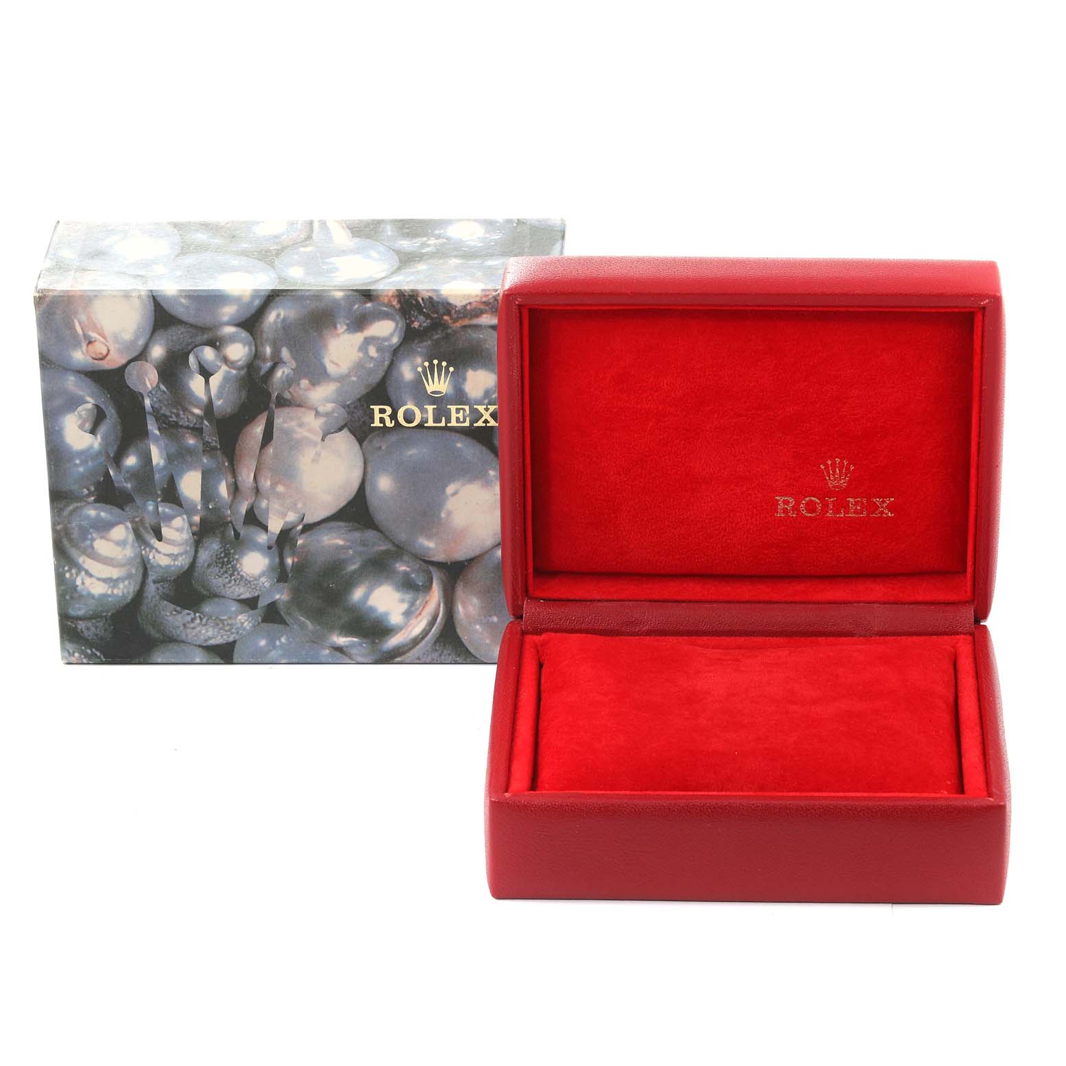 This image shows a red Rolex Datejust 79174 Women
s Stainless Steel Black Dial 79174 Women
s Stainless Steel Black Dial watch box with its lid open, alongside an outer box featuring a pearl-like design.