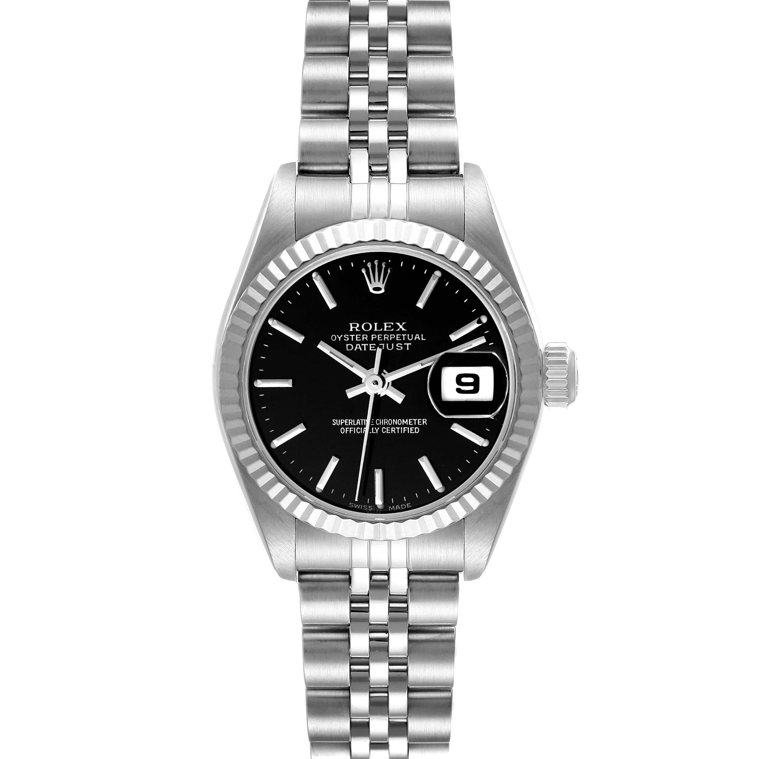 This image shows a front view of a Rolex Datejust 79174 Women
s Stainless Steel Black Dial 79174 Women
s Stainless Steel Black Dial watch with a black dial and a stainless steel bracelet.