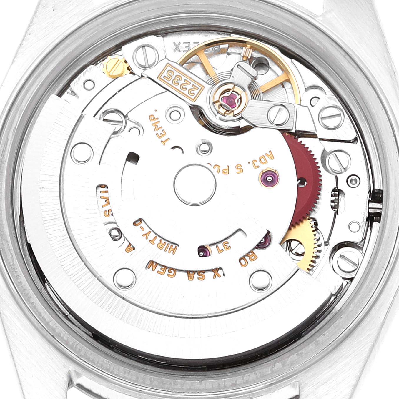 This image shows the internal mechanism of a Rolex Datejust 79174 Women
s Stainless Steel Black Dial 79174 Women
s Stainless Steel Black Dial watch from a top-down angle.