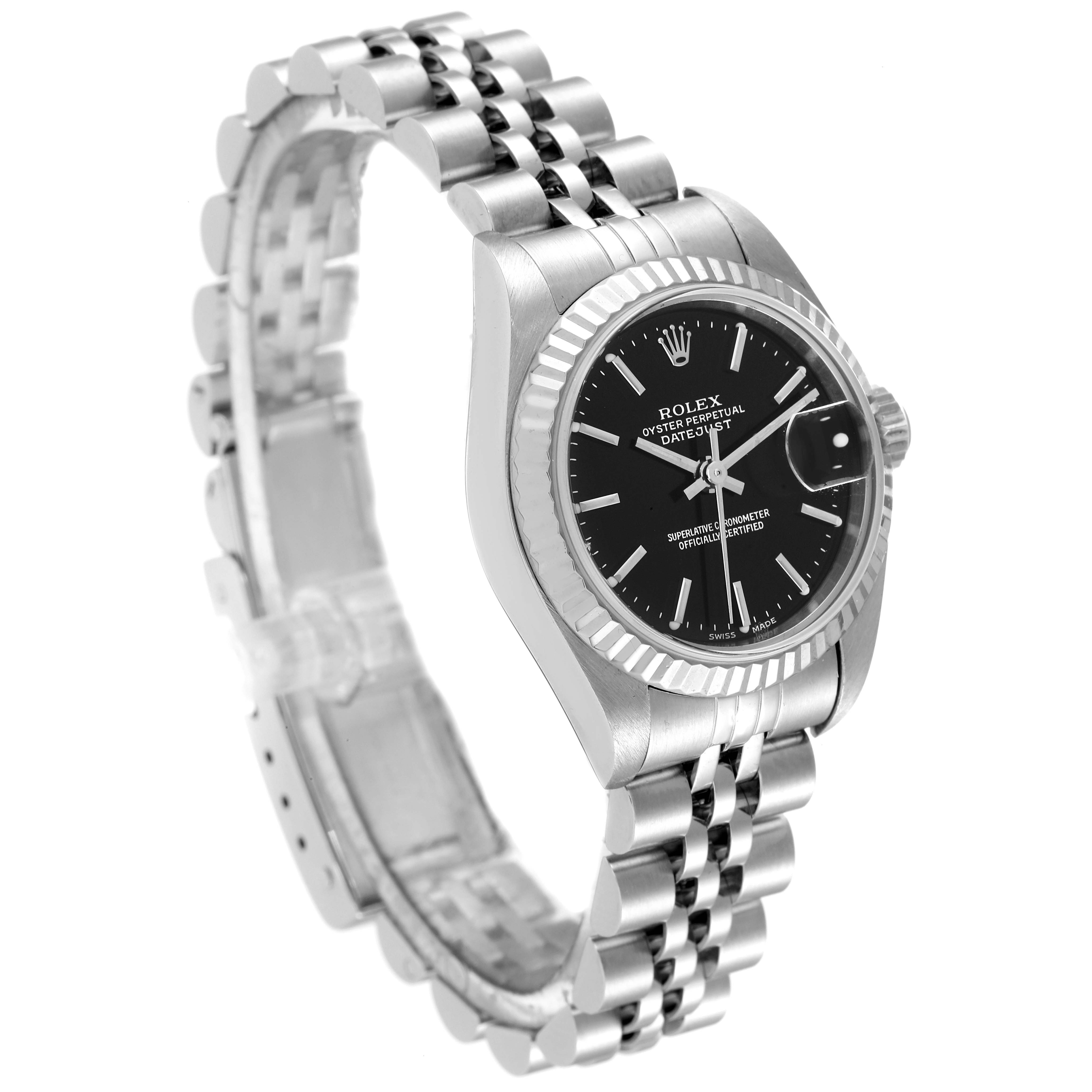 The Rolex Datejust 79174 Women
s Stainless Steel Black Dial 79174 Women
s Stainless Steel Black Dial watch is shown at a three-quarter angle, highlighting the face, bezel, and bracelet.