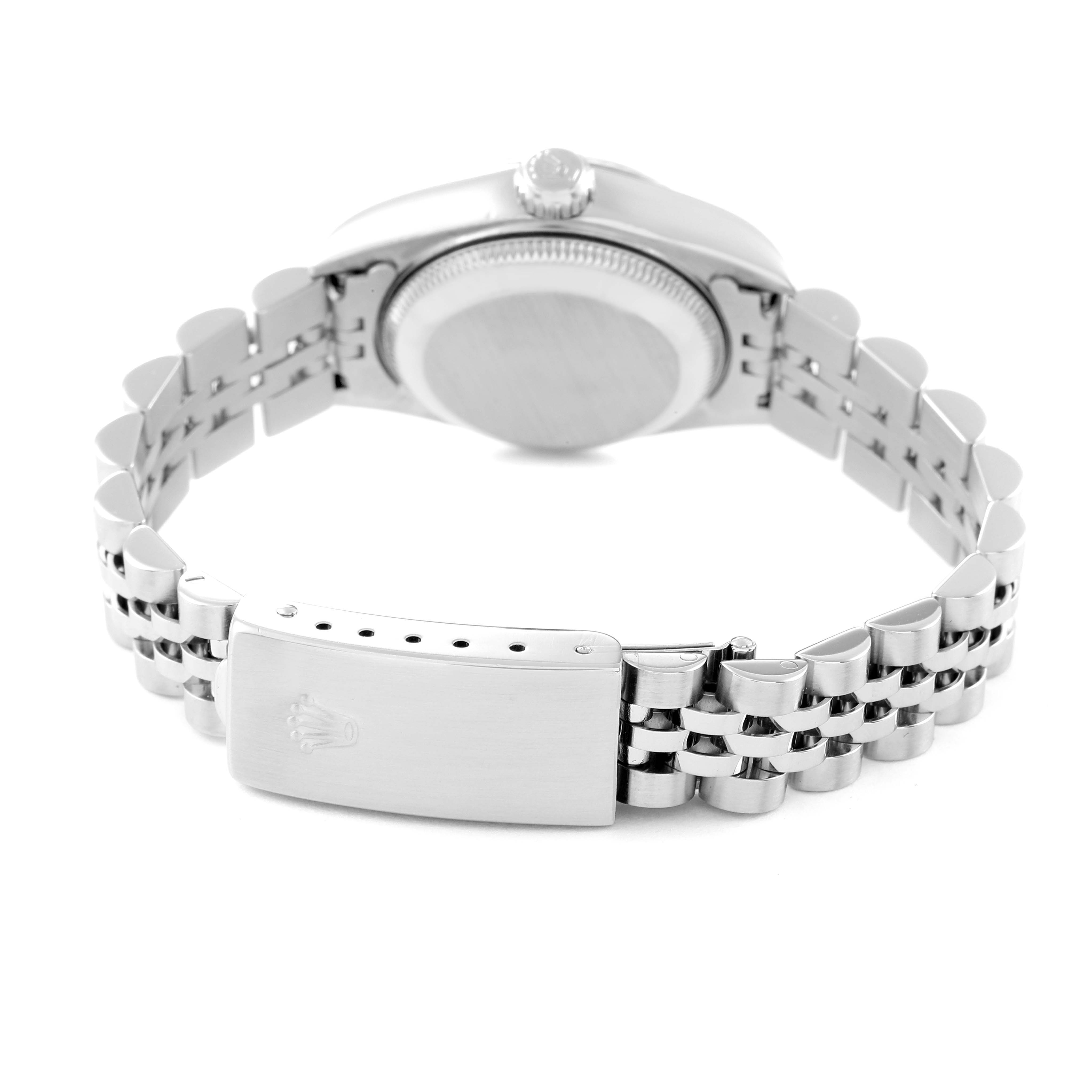 The image shows the back view of a Rolex Datejust 79174 Women
s Stainless Steel Black Dial 79174 Women
s Stainless Steel Black Dial watch, highlighting its clasp, bracelet, and case back.