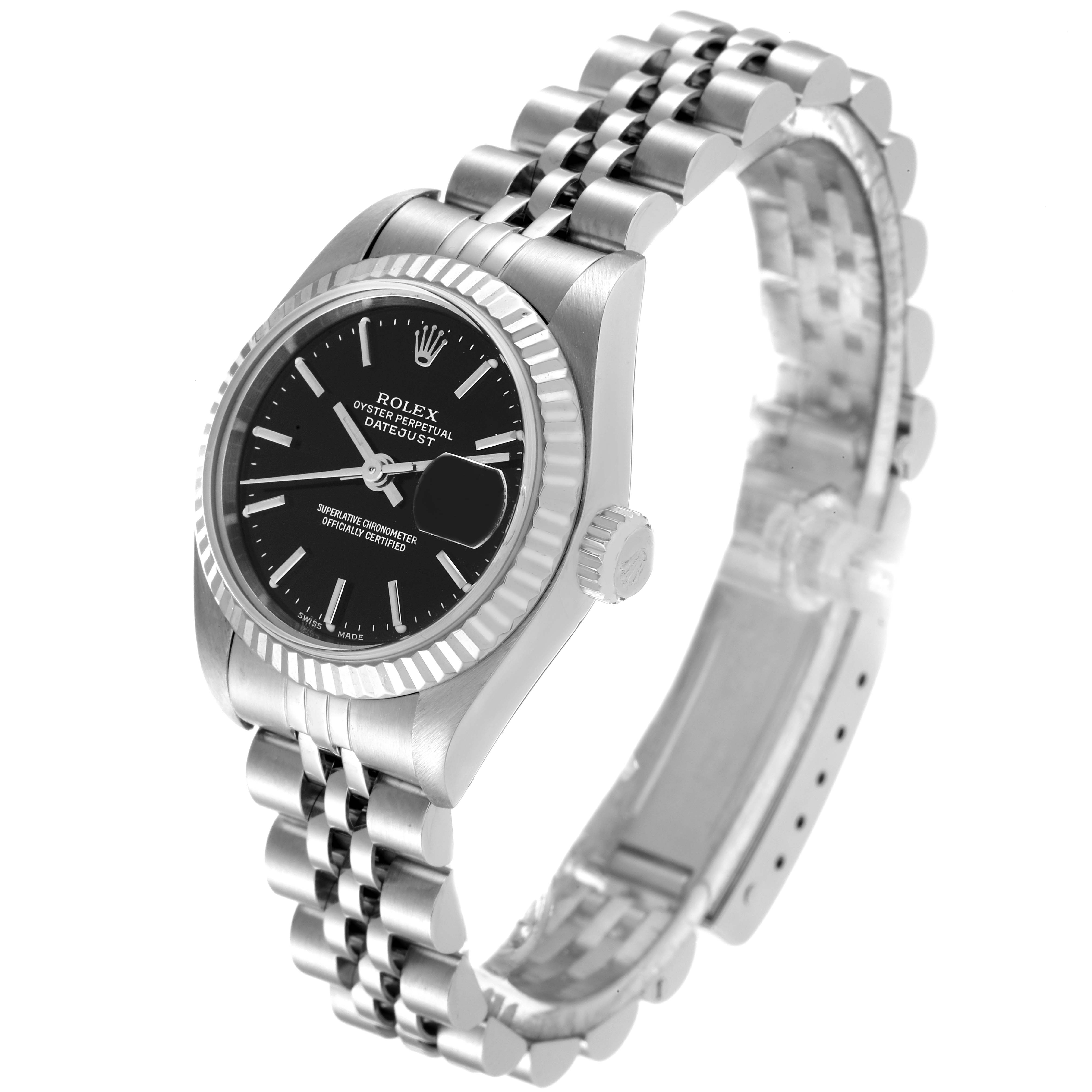 The image shows a Rolex Datejust 79174 Women
s Stainless Steel Black Dial 79174 Women
s Stainless Steel Black Dial watch at a slight angle, highlighting its face, bezel, and bracelet.