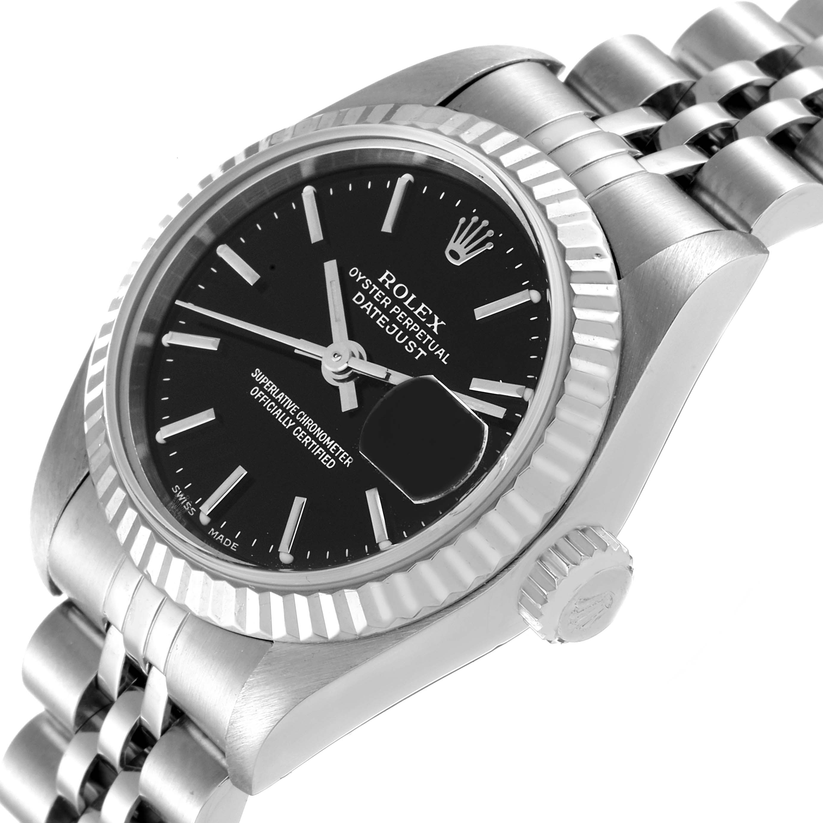 This image shows a close-up, angled view of the Rolex Datejust 79174 Women
s Stainless Steel Black Dial 79174 Women
s Stainless Steel Black Dial watch face and part of its metal bracelet.