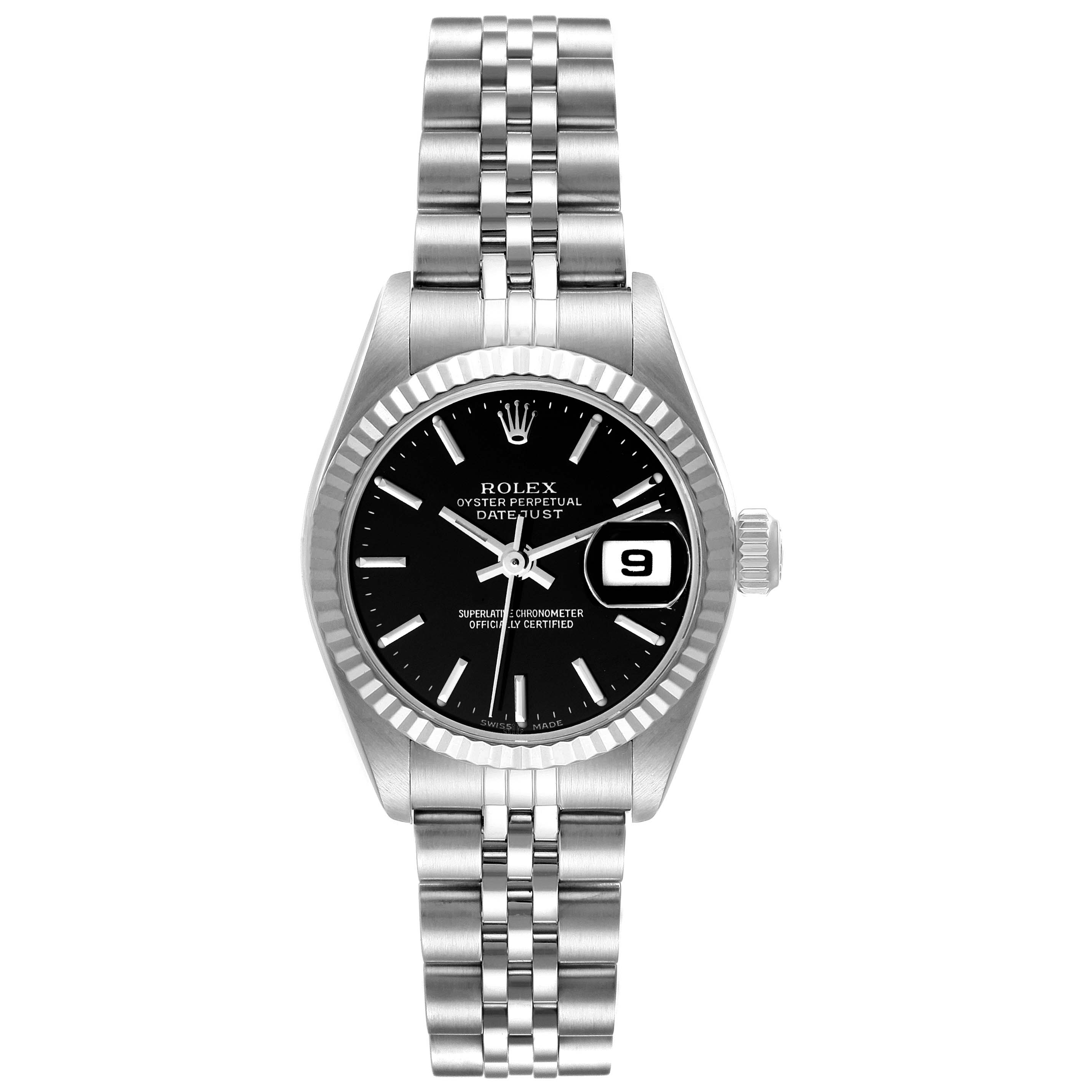 The image shows a front view of a Rolex Datejust 79174 Women
s Stainless Steel Black Dial 79174 Women
s Stainless Steel Black Dial watch, highlighting the dial, bracelet, bezel, and date window.